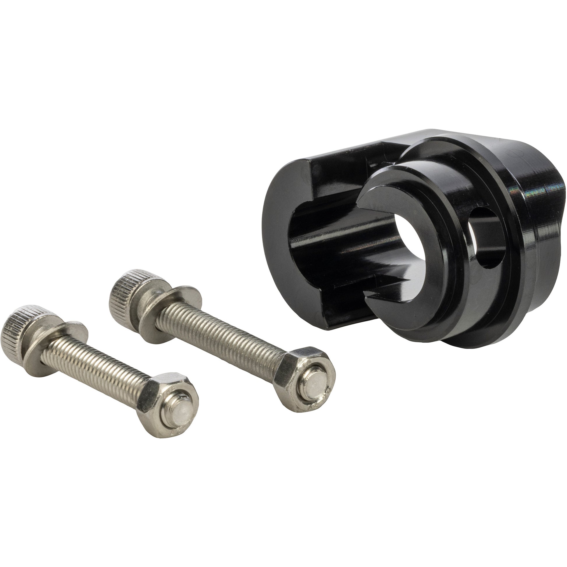 Black metal component with two screws on a white background
