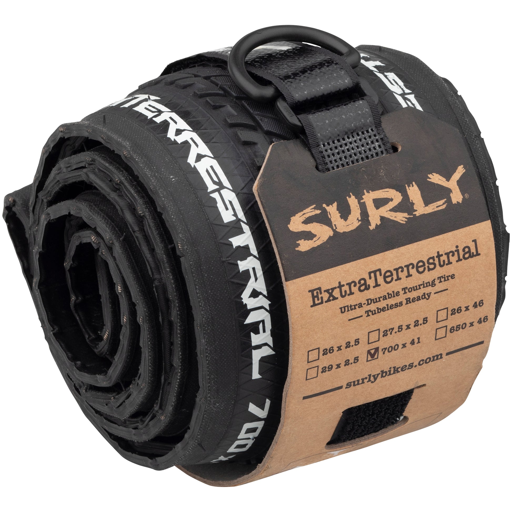 Surly ExtraTerrestrial Tire rolled up using Whip Lash strap and header card