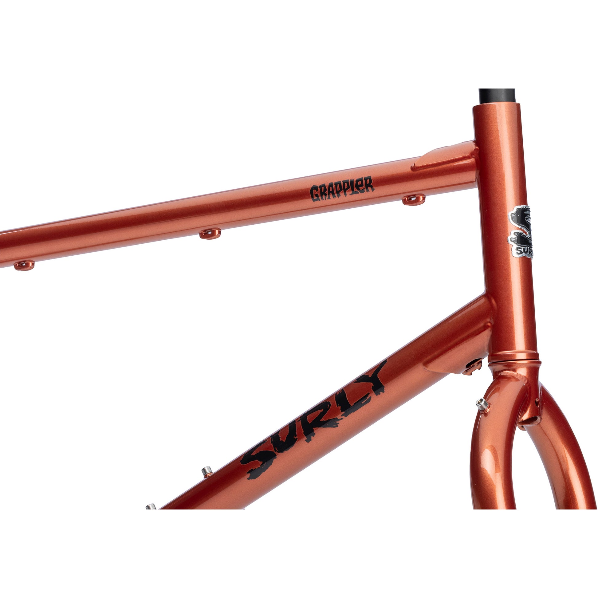 Surly Grappler Frameset Caramelized Copper color head tube area focus on white background