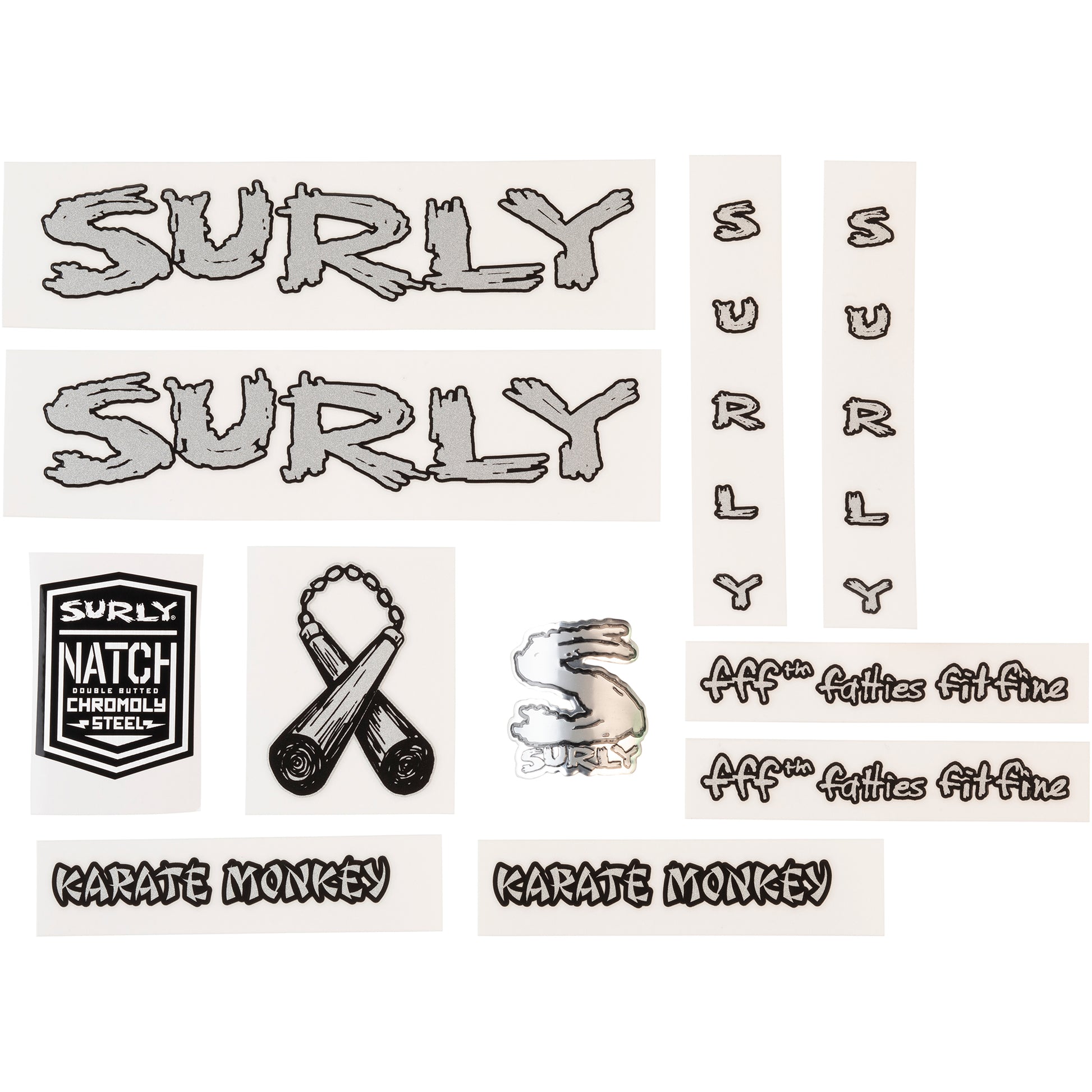 Surly Karate Monkey Decal Set Metallic Silver sheet of all decals for bike with headbadge