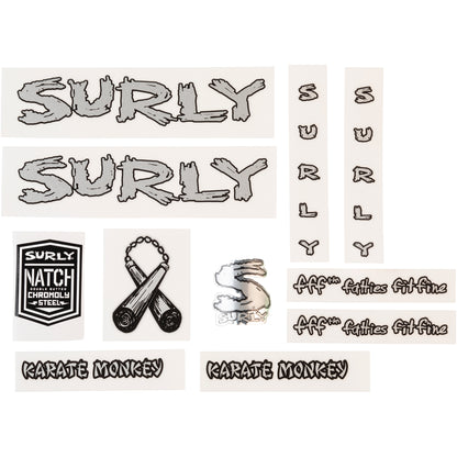 Surly Karate Monkey Decal Set Metallic Silver sheet of all decals for bike with headbadge