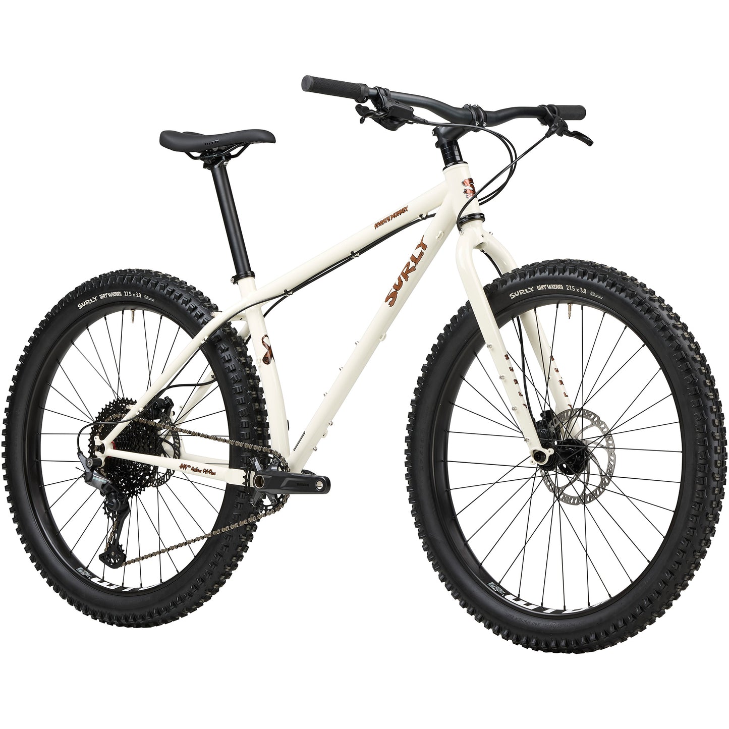 Surly Karate Monkey Bike Snow Mold White front three-quarter view