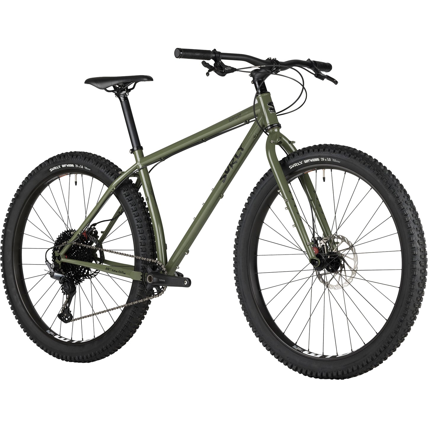 Surly Krampus bike rigid in British Racing Green color front three-quarter view on white background