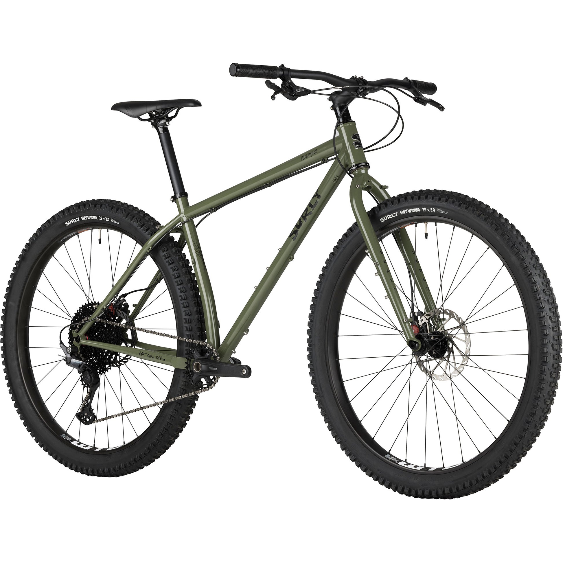 Surly Krampus bike rigid in British Racing Green color front three-quarter view on white background