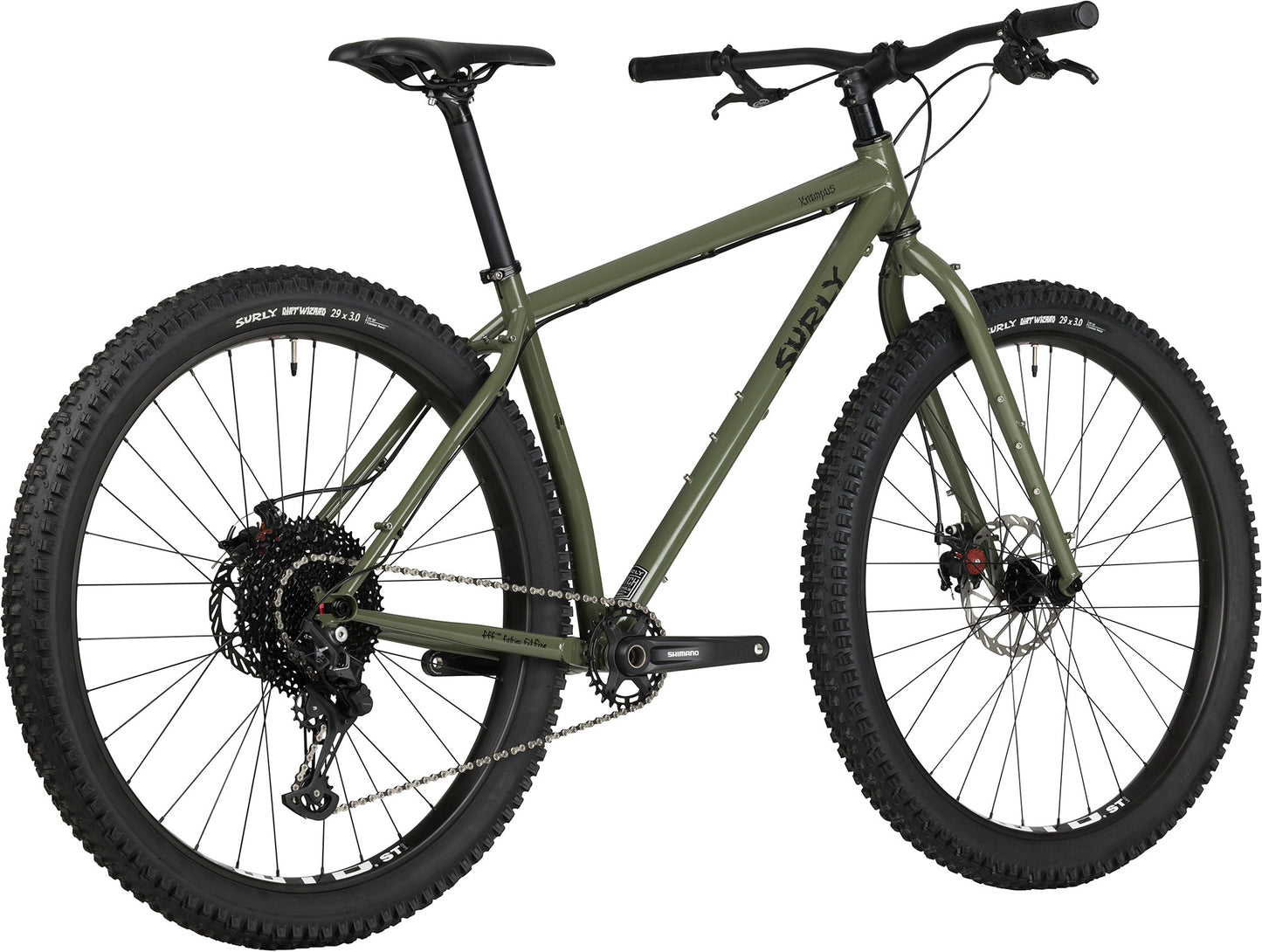 Surly Krampus bike rigid in British Racing Green color rear three-quarter view on white background