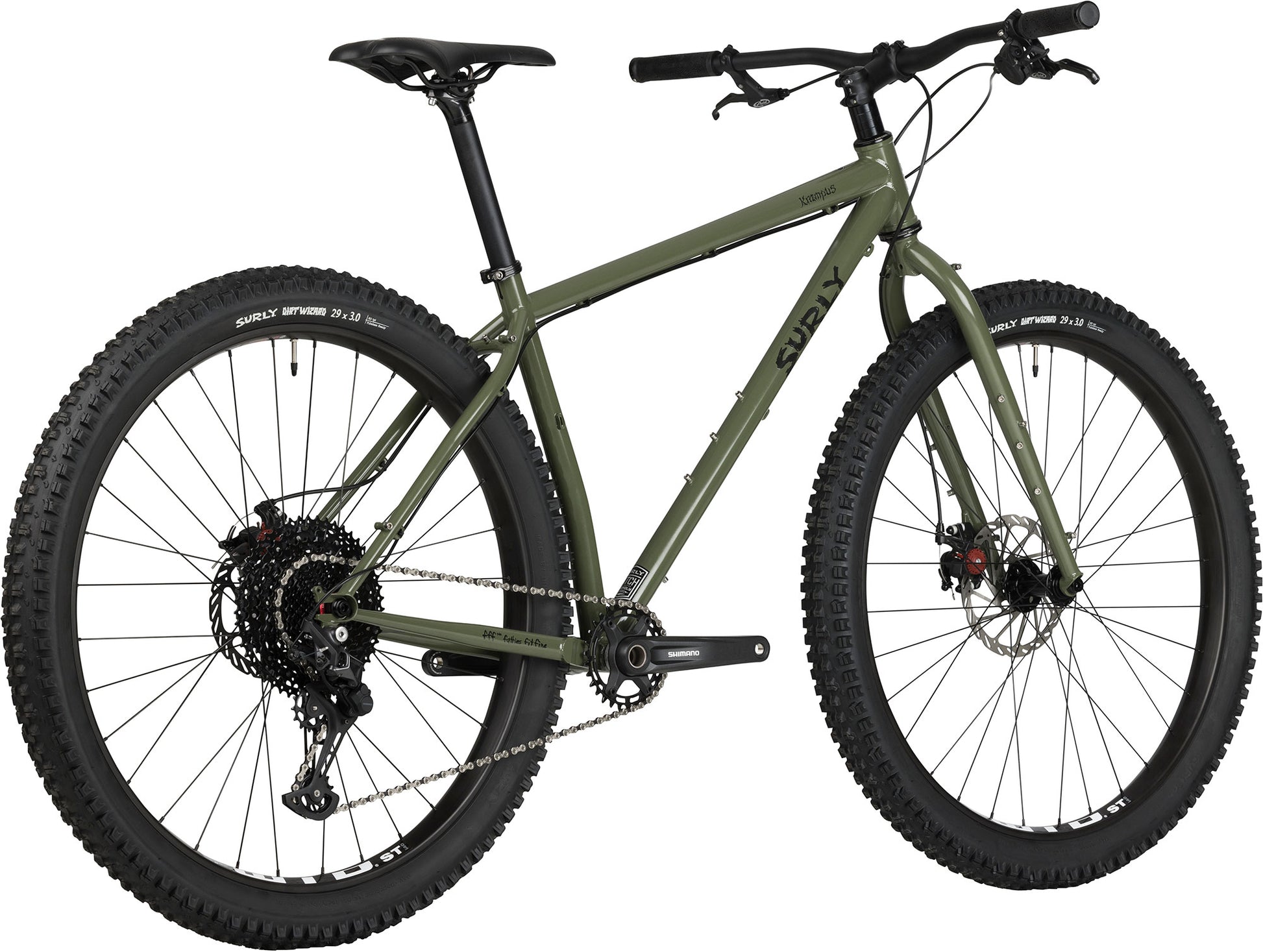 Surly Krampus bike rigid in British Racing Green color rear three-quarter view on white background