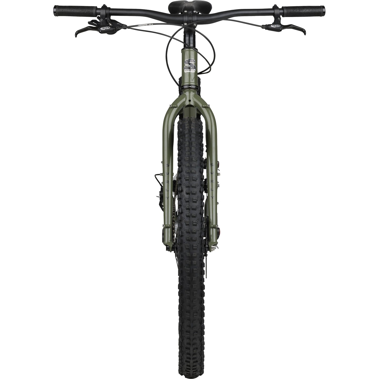 Surly Krampus bike rigid in British Racing Green color straight-on front view on white background