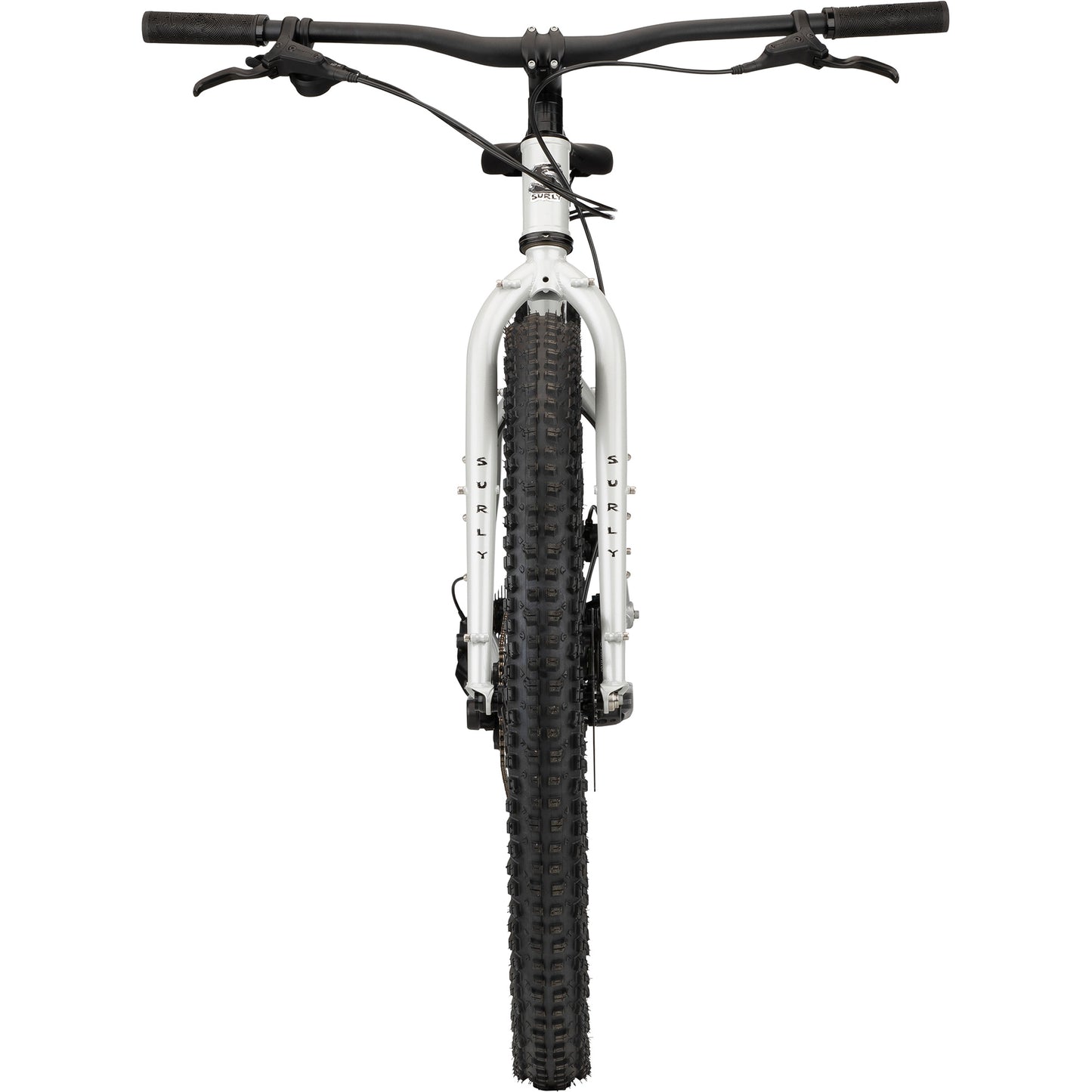 Surly Krampus Rigid Bike in First Loser silver color straight-on front view on white background