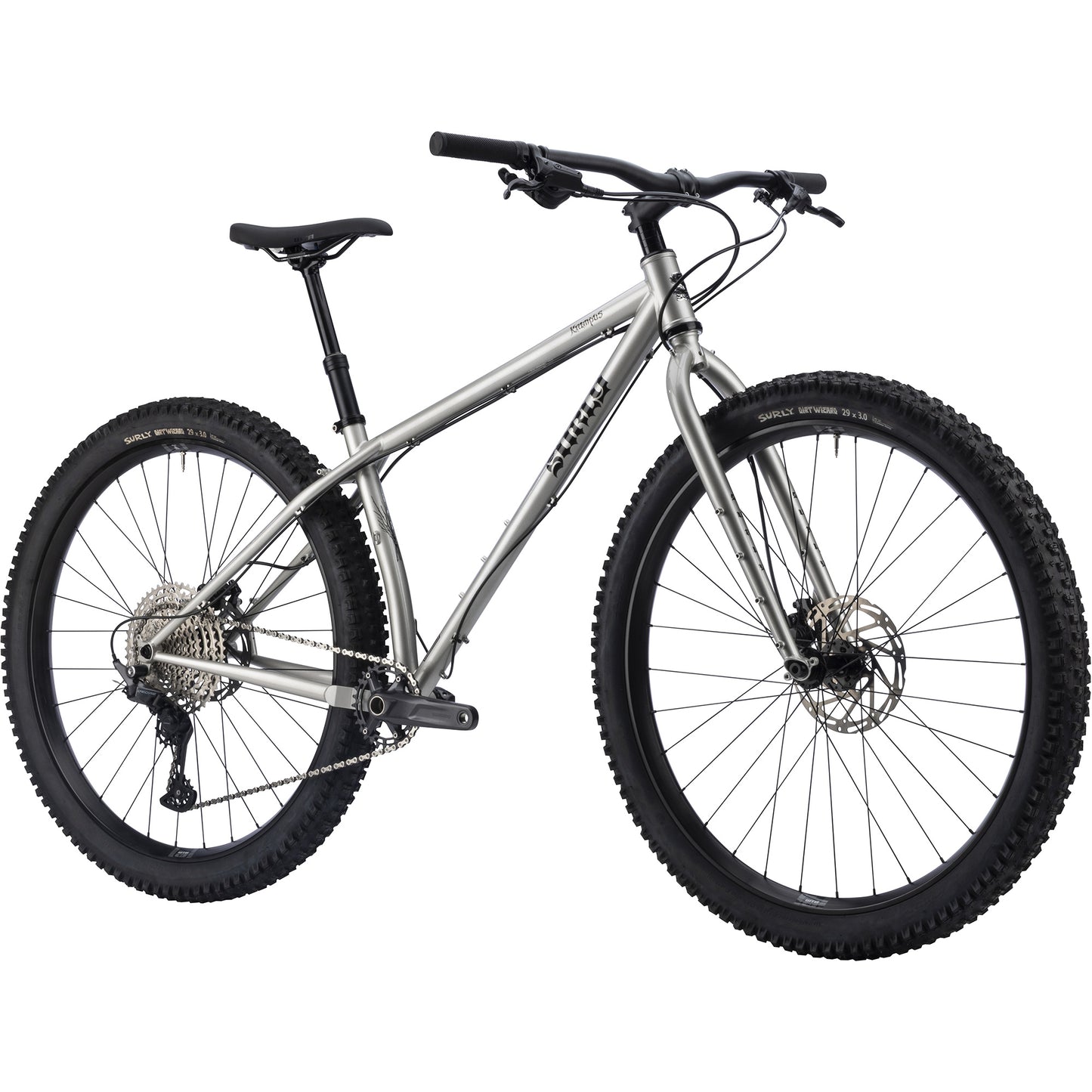 Surly Krampus bike in Silver Salmon Skin silver color front three-quarter view on white background