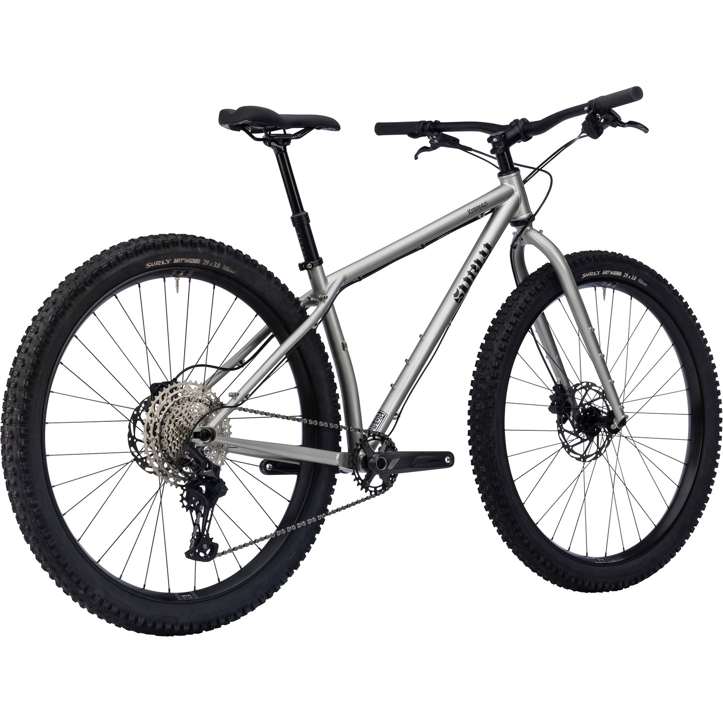 Surly Krampus bike in Silver Salmon Skin silver color rear three-quarter view on white background
