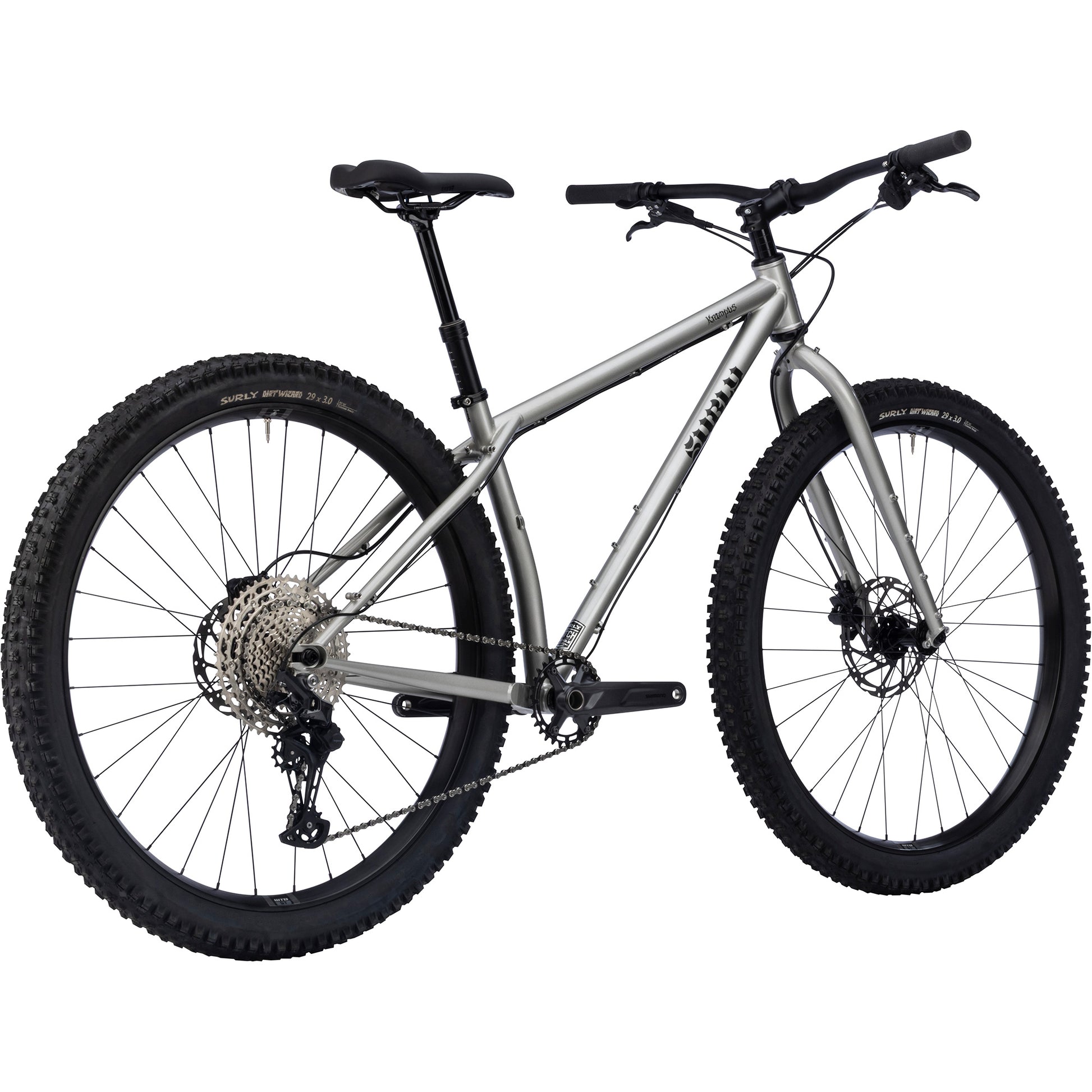 Surly Krampus bike in Silver Salmon Skin silver color rear three-quarter view on white background