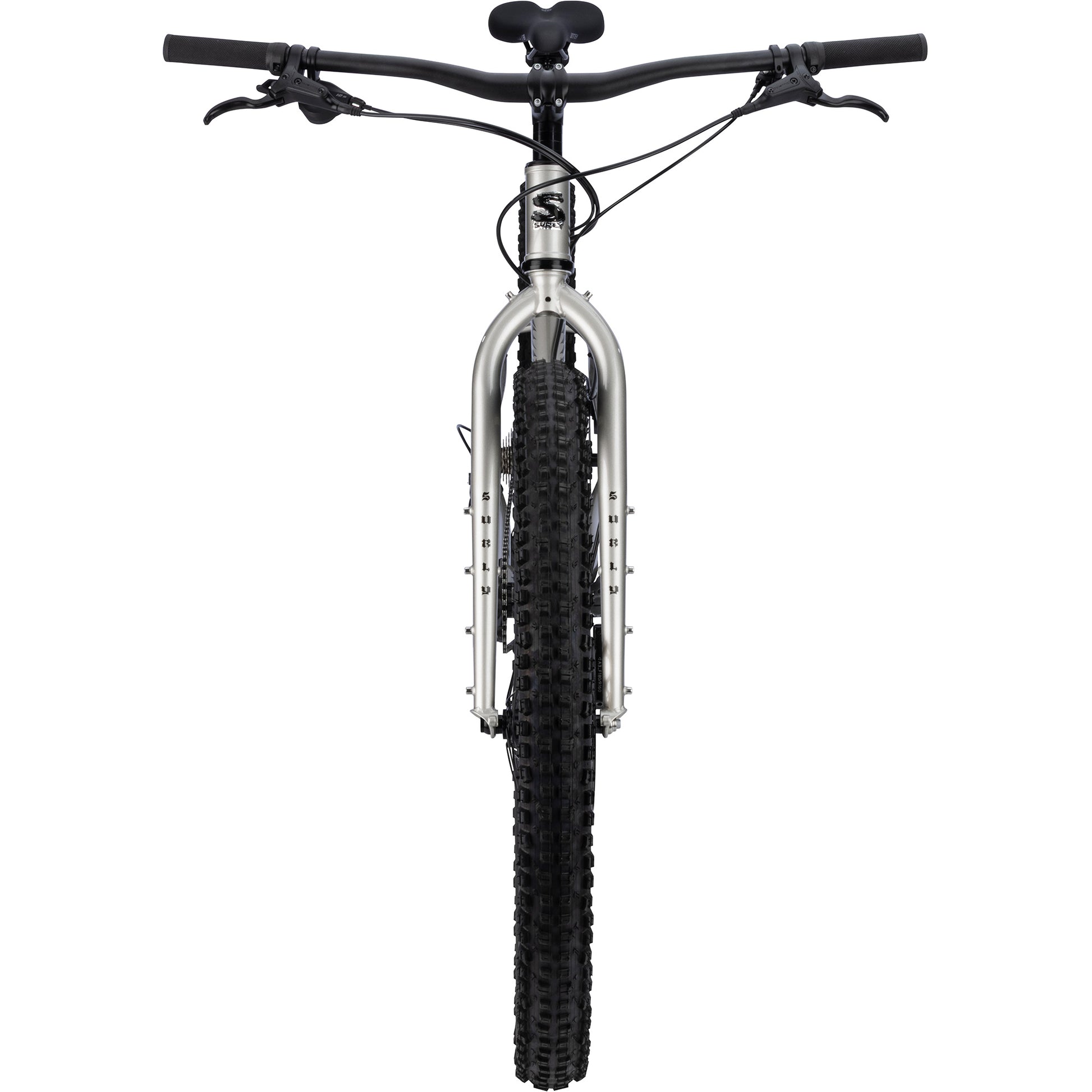 Surly Krampus bike in Silver Salmon Skin silver color straight-on front view on white background