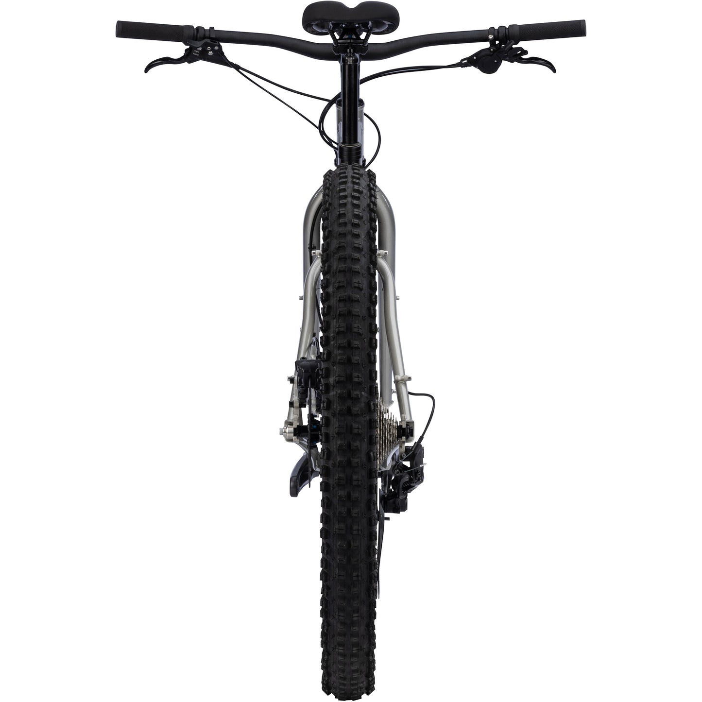 Surly Krampus bike in Silver Salmon Skin silver color straight-on rear view on white background