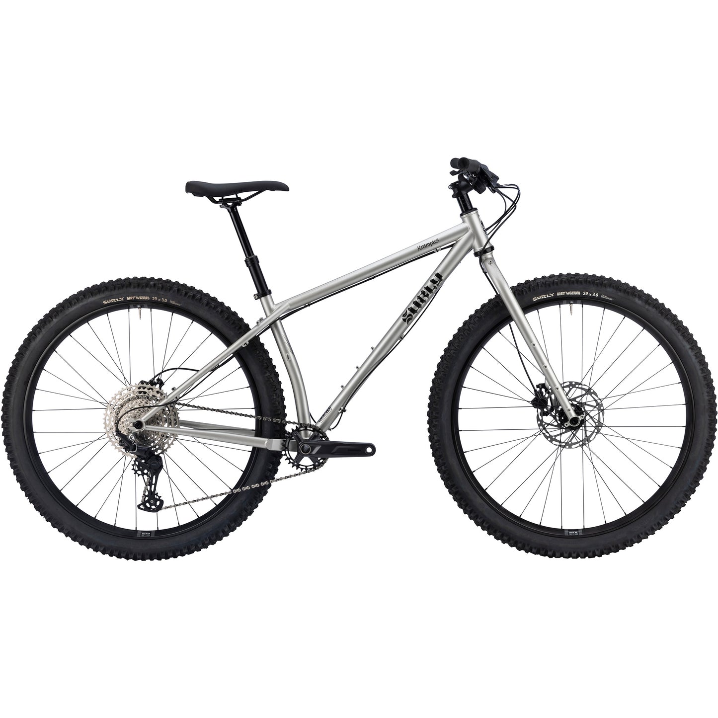 Surly Krampus bike in Silver Salmon Skin silver color side view on white background