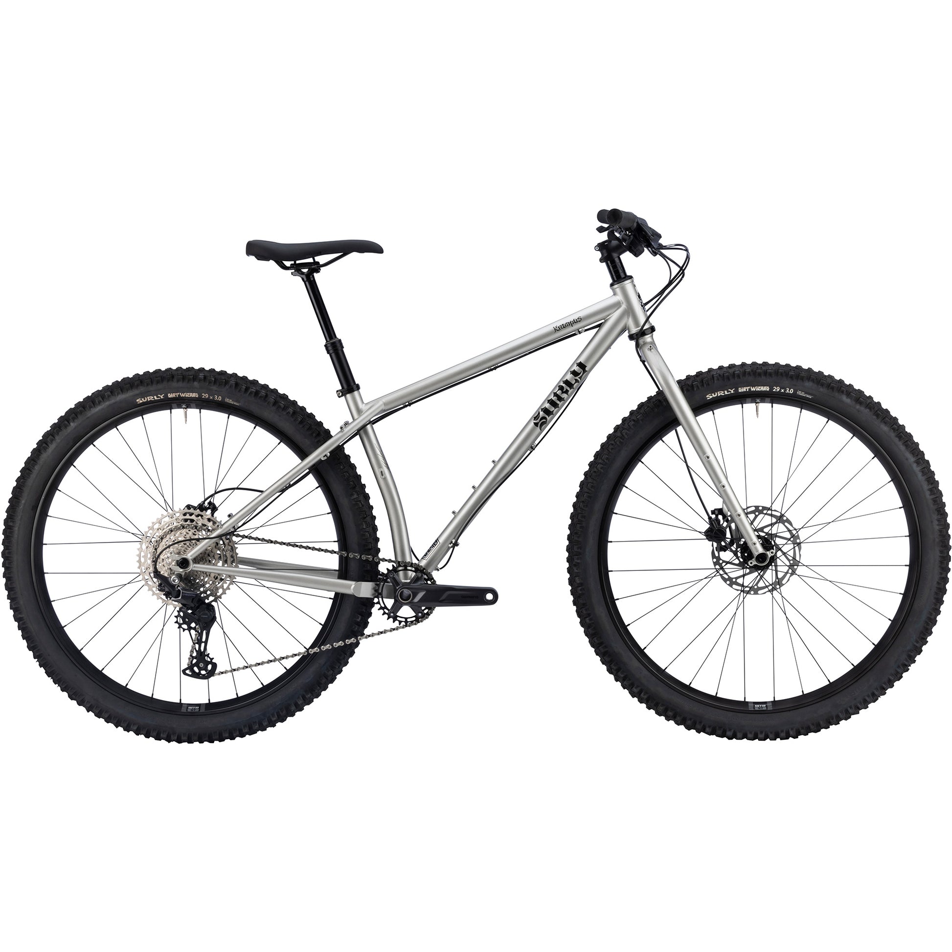 Surly Krampus bike in Silver Salmon Skin silver color side view on white background