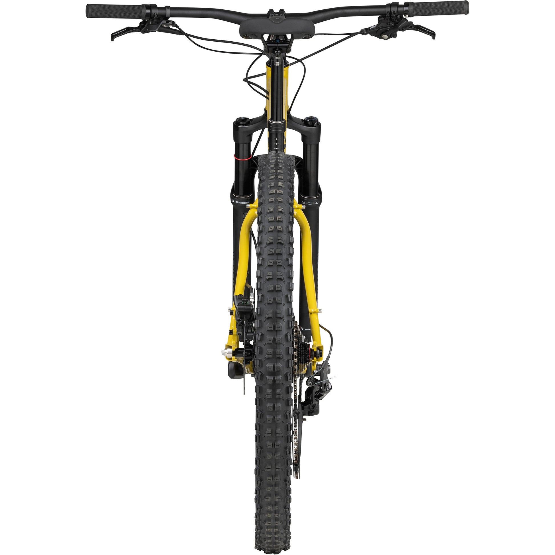 Surly Krampus bike with suspension fork in Nose Drip Curry color straight on back view on white background