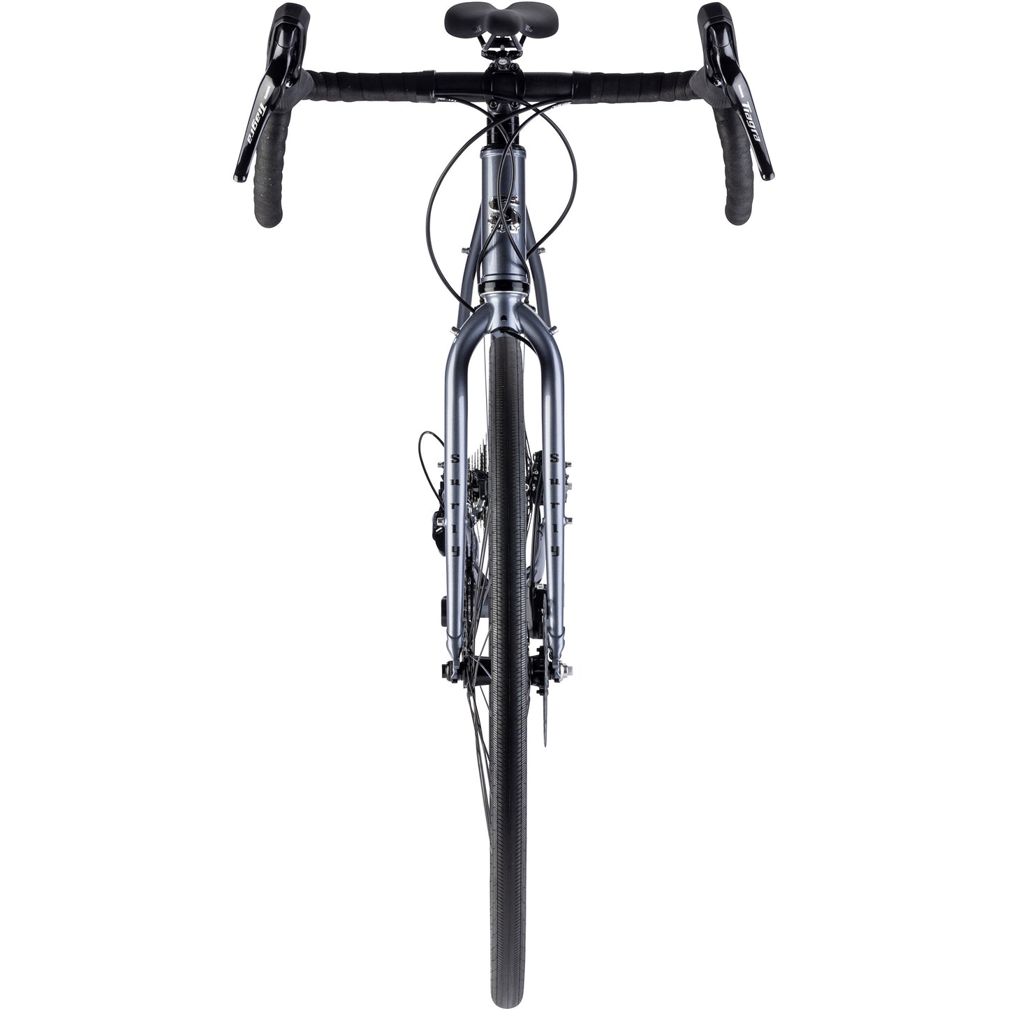 Surly Midnight Special bike straight-on front view in Stainless Teal color on a white background