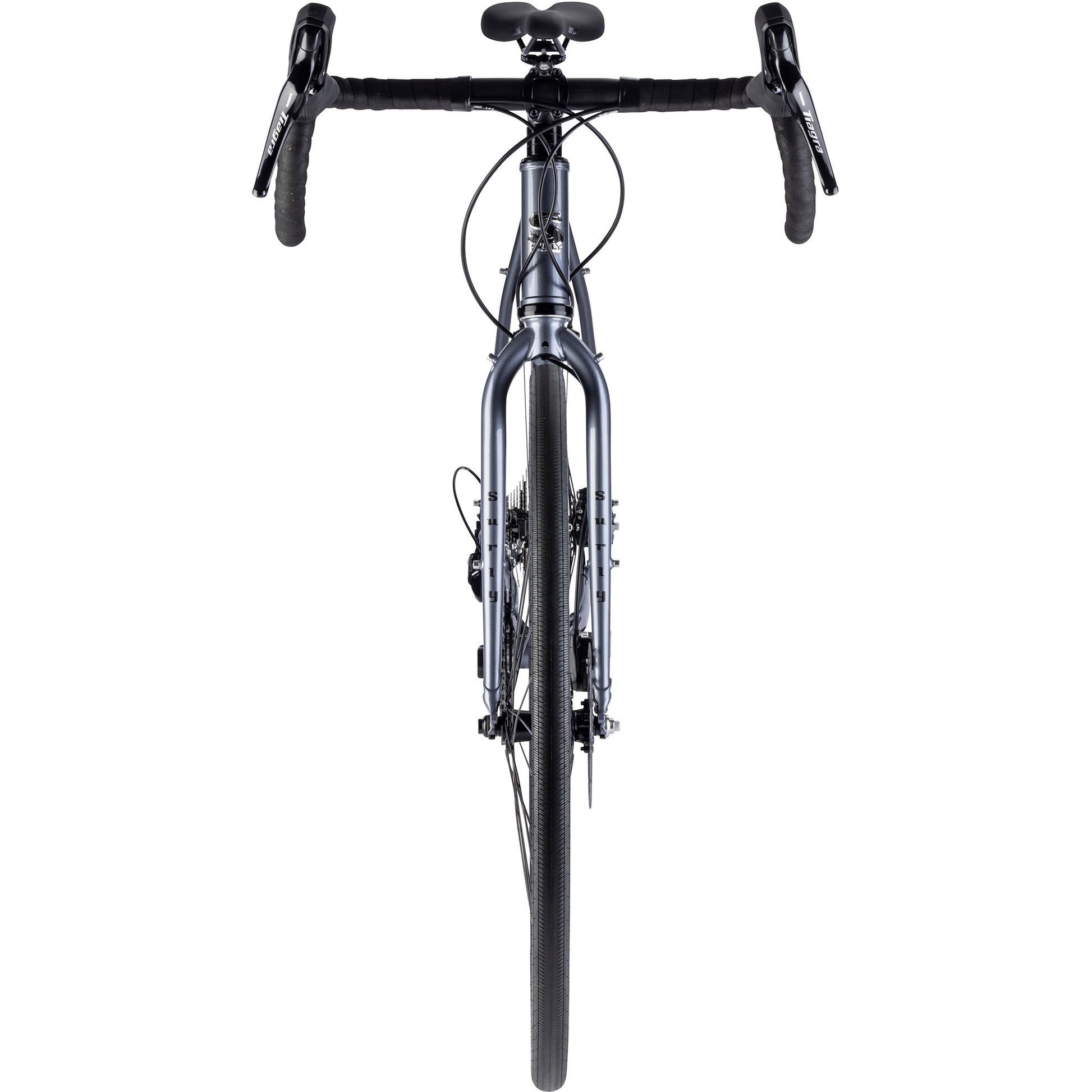 Surly Midnight Special bike straight-on front view in Stainless Teal color on a white background