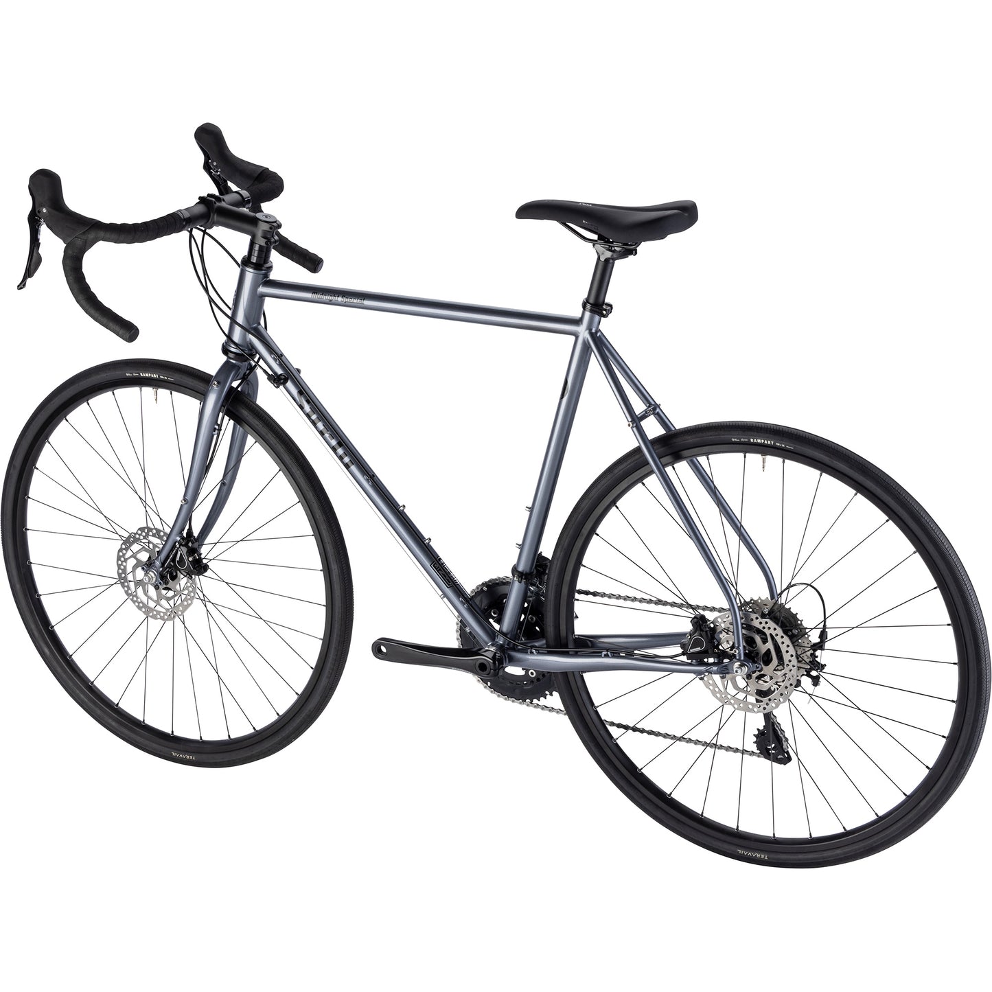 Surly Midnight Special bike rear three-quarter non-drive side view in Stainless Teal color on a white background