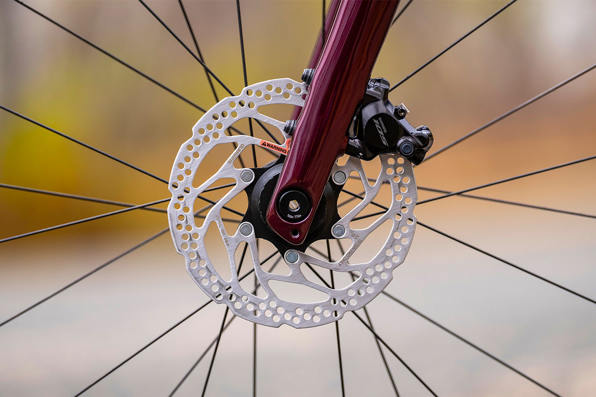 Close-up of a bicycle wheel with disc brake system