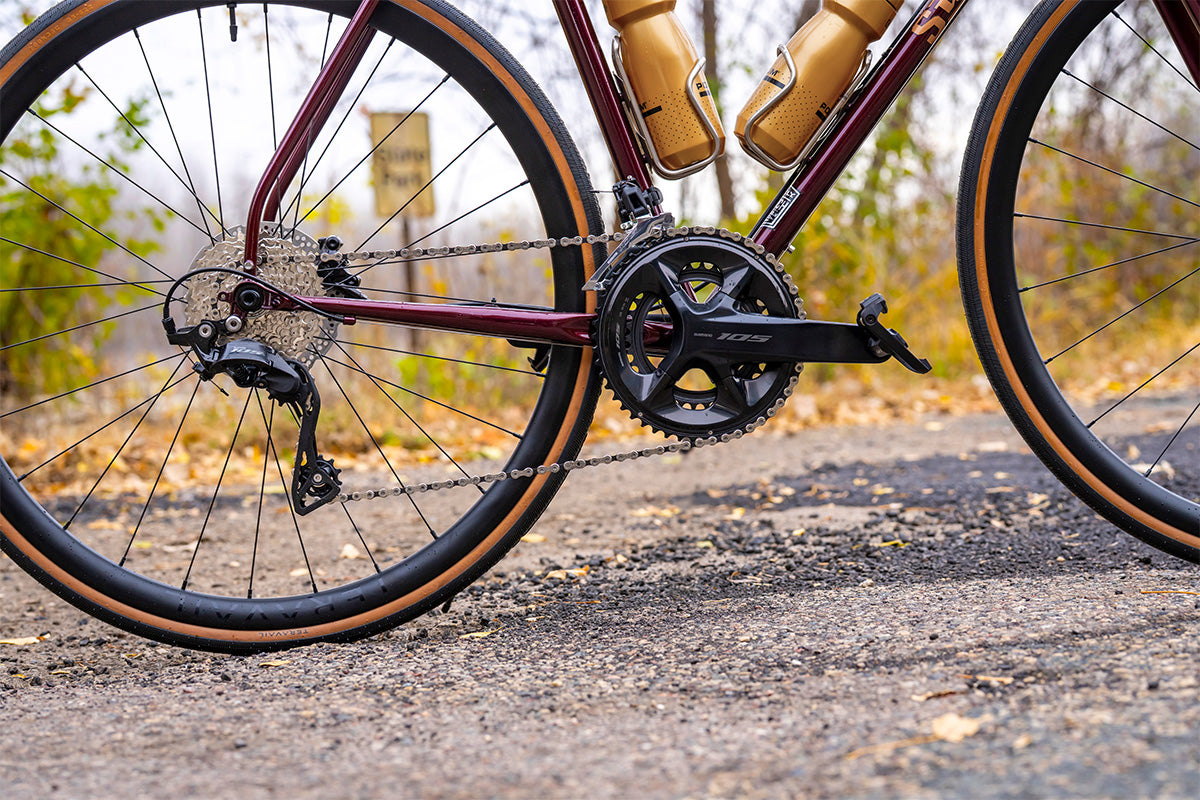 Close-up of a bicycle's rear wheel and gear system on a road with blurred natural background