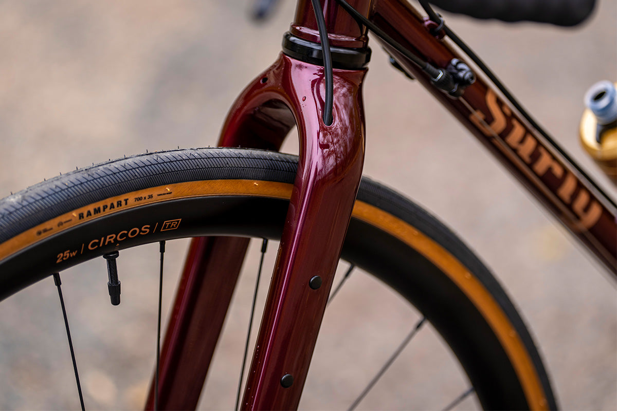 Detail view of complete bike fork and front wheel with blurred background