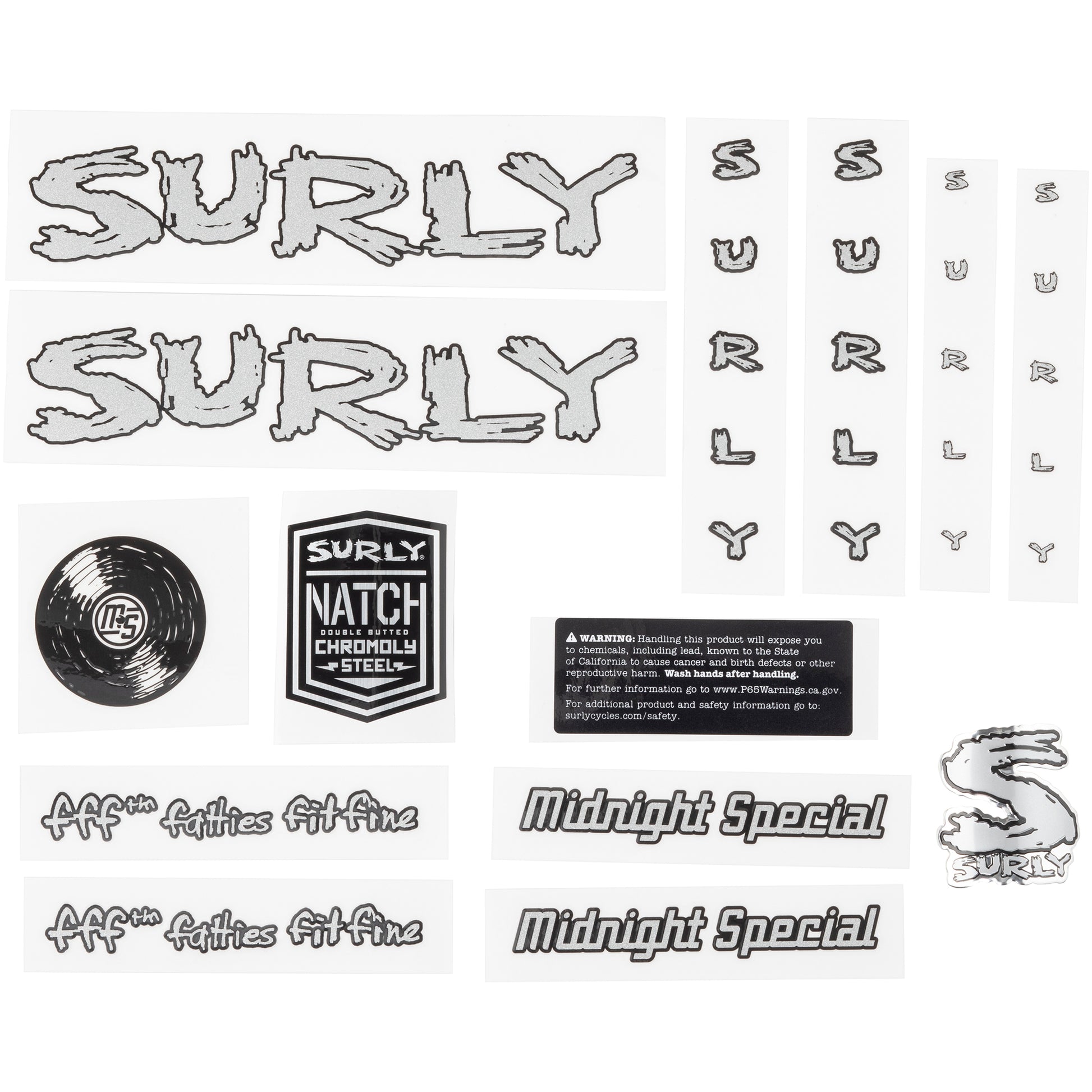 Surly Midnight Special Decal Set Silver sheet of all decals for bike with headbadge