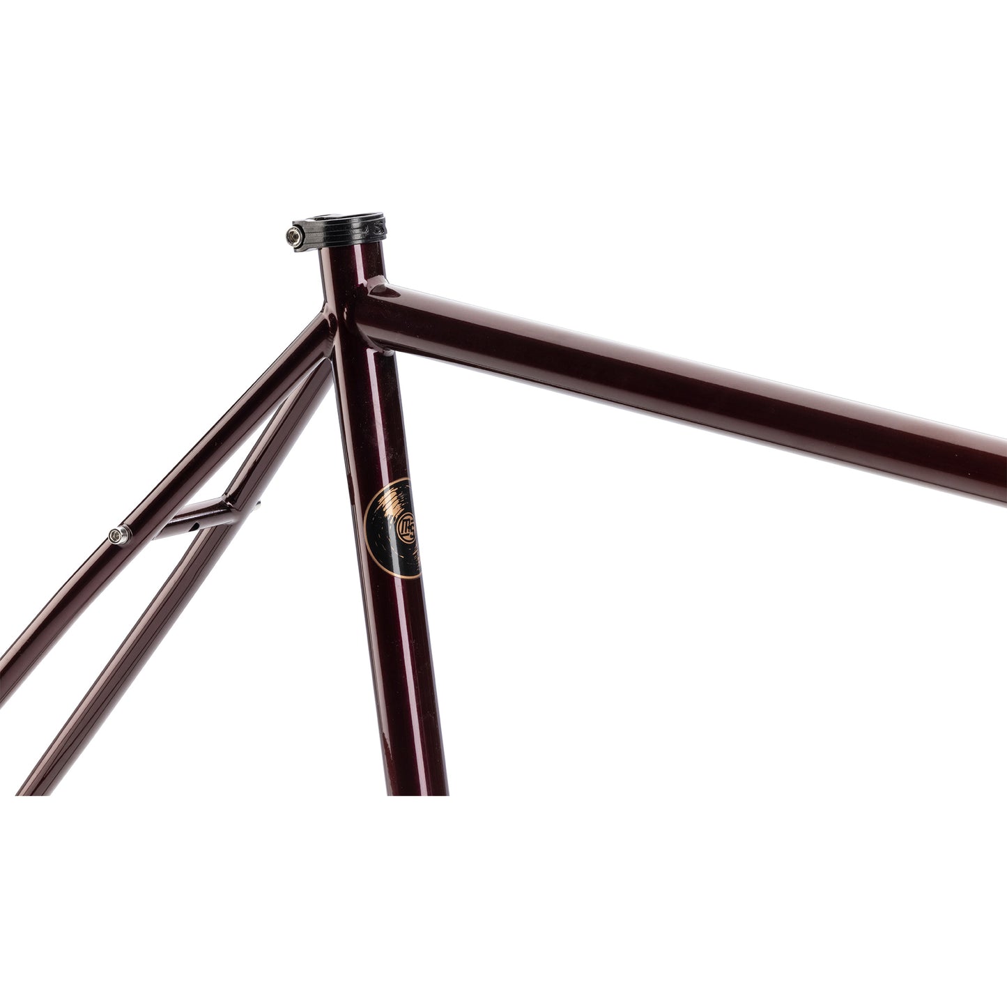Surly Midnight Special frameset in Black Cherry Fizz, detail view of seat tube, top tube, and seat stays on a white background