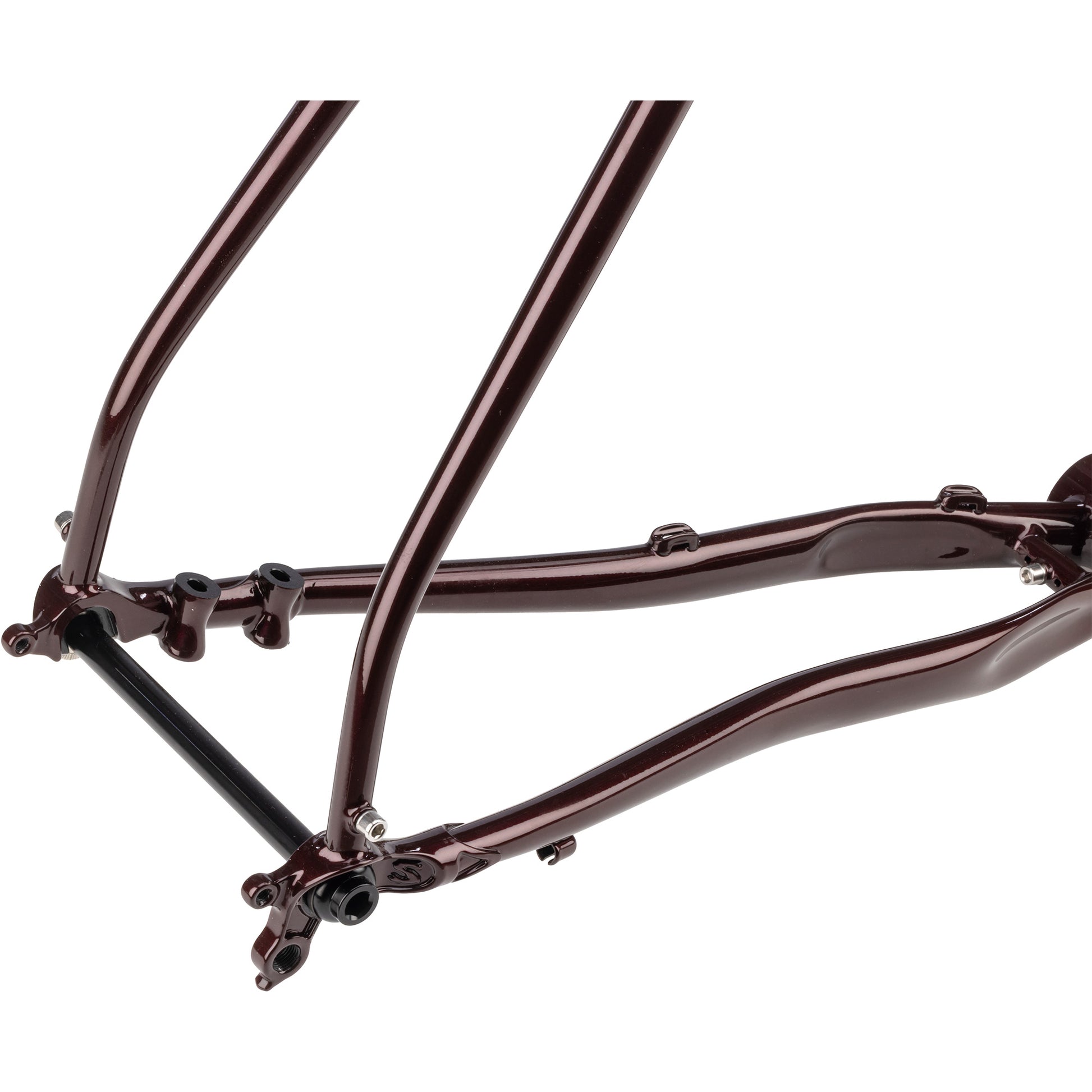 Surly Midnight Special frameset in Black Cherry Fizz detail view of rear dropout and disc flat mount on a white background