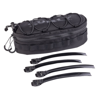 A black tactical gear bag with three matching black zippered straps, displayed on a clean white background.