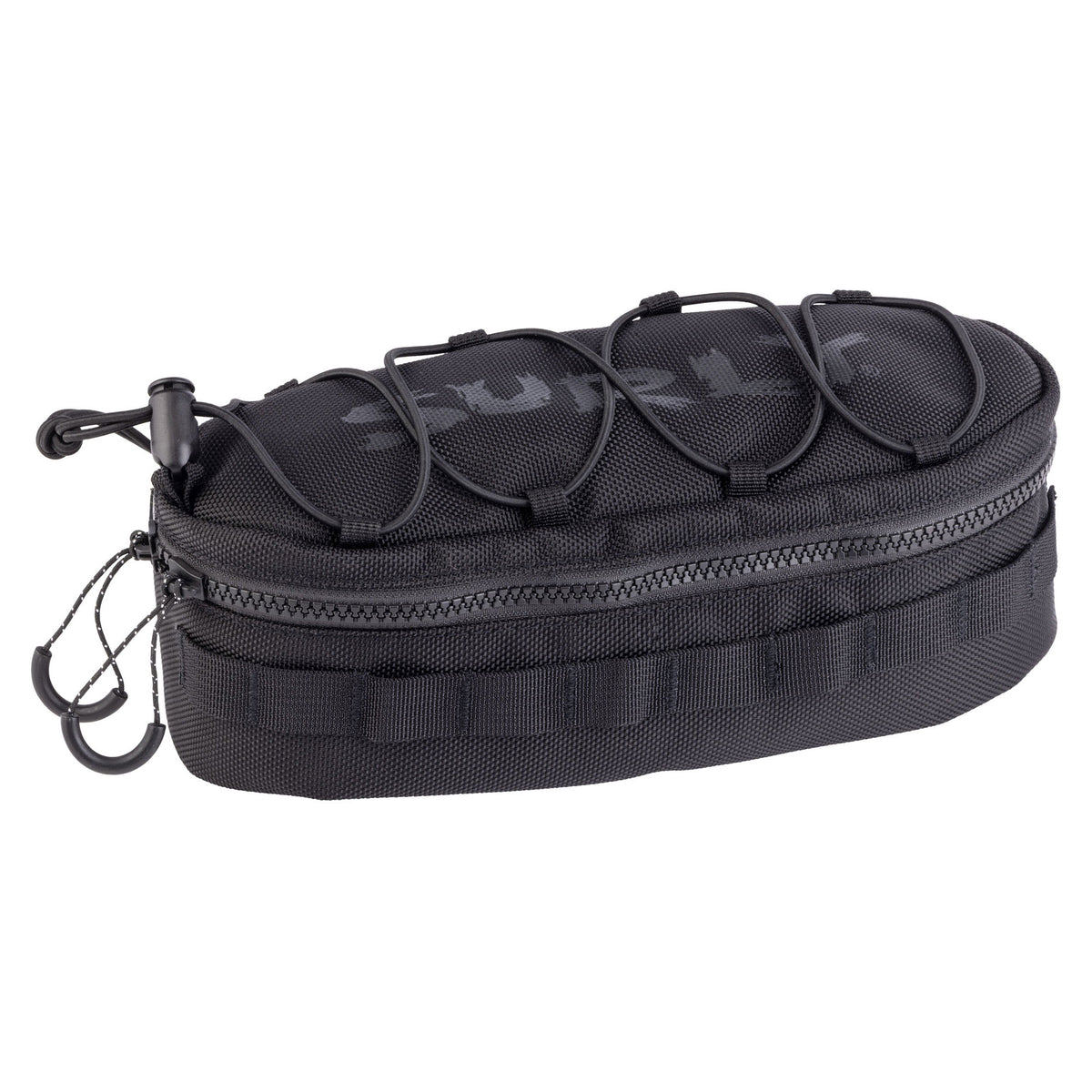 A black handlebar bag with a zippered main compartment, webbing, and top compression straps, shown on a plain white background.