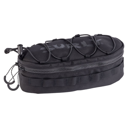 A black handlebar bag with a zippered main compartment, webbing, and top compression straps, shown on a plain white background.
