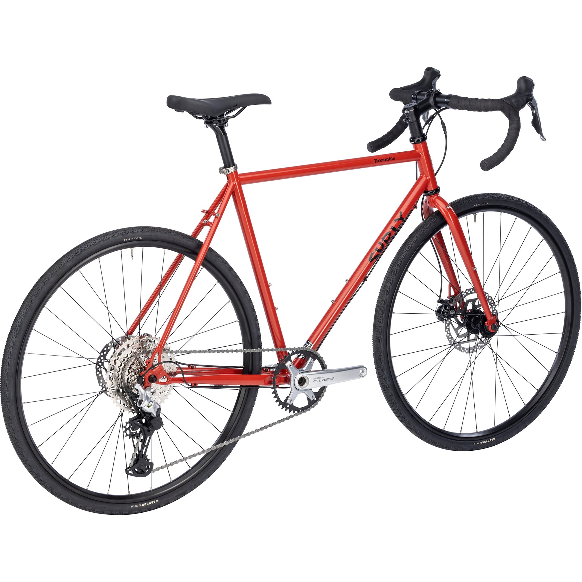 Surly Preamble Drop Bar Bike in Red Hot Cheddar color rear three-quarter view on white background