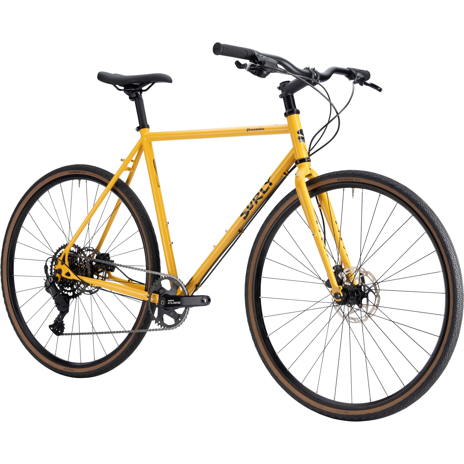 Surly Preamble Flat Bar bike yellow color front three-quarter view on white background
