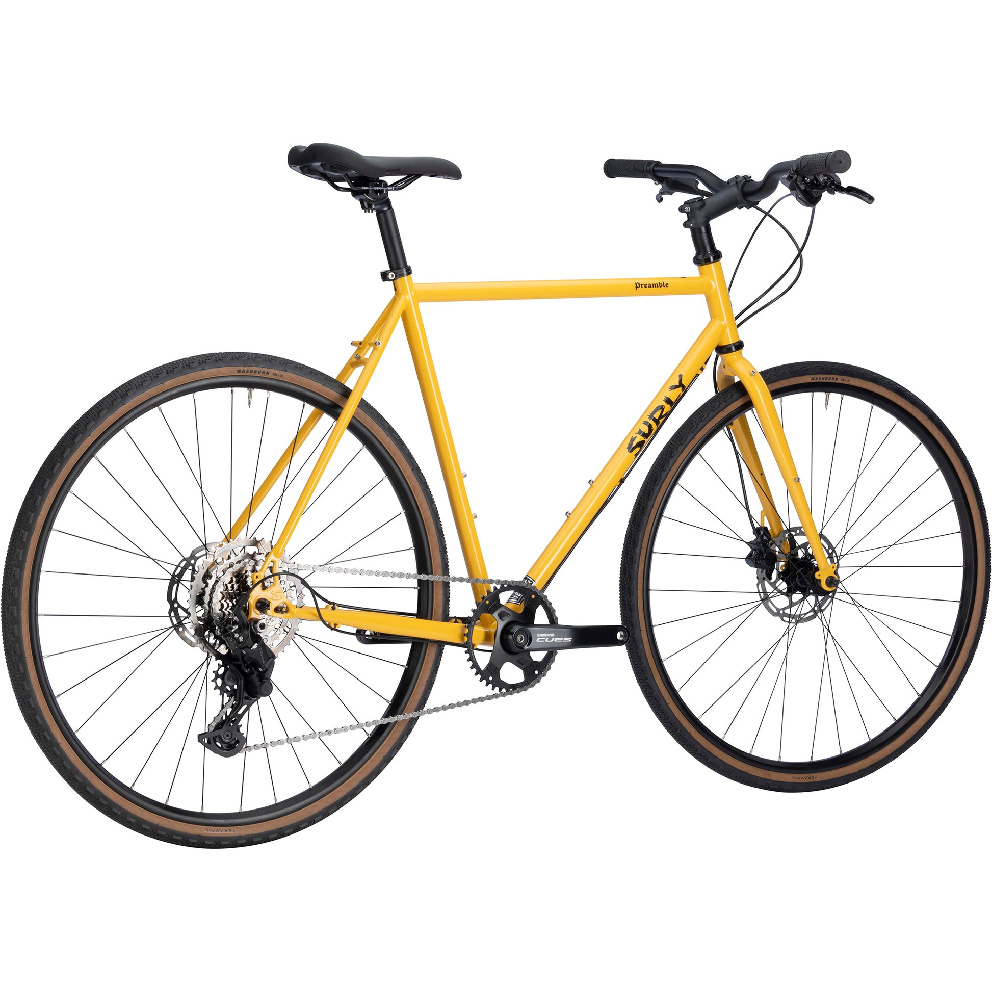 Surly Preamble Flat Bar bike yellow color rear three-quarter view on white background