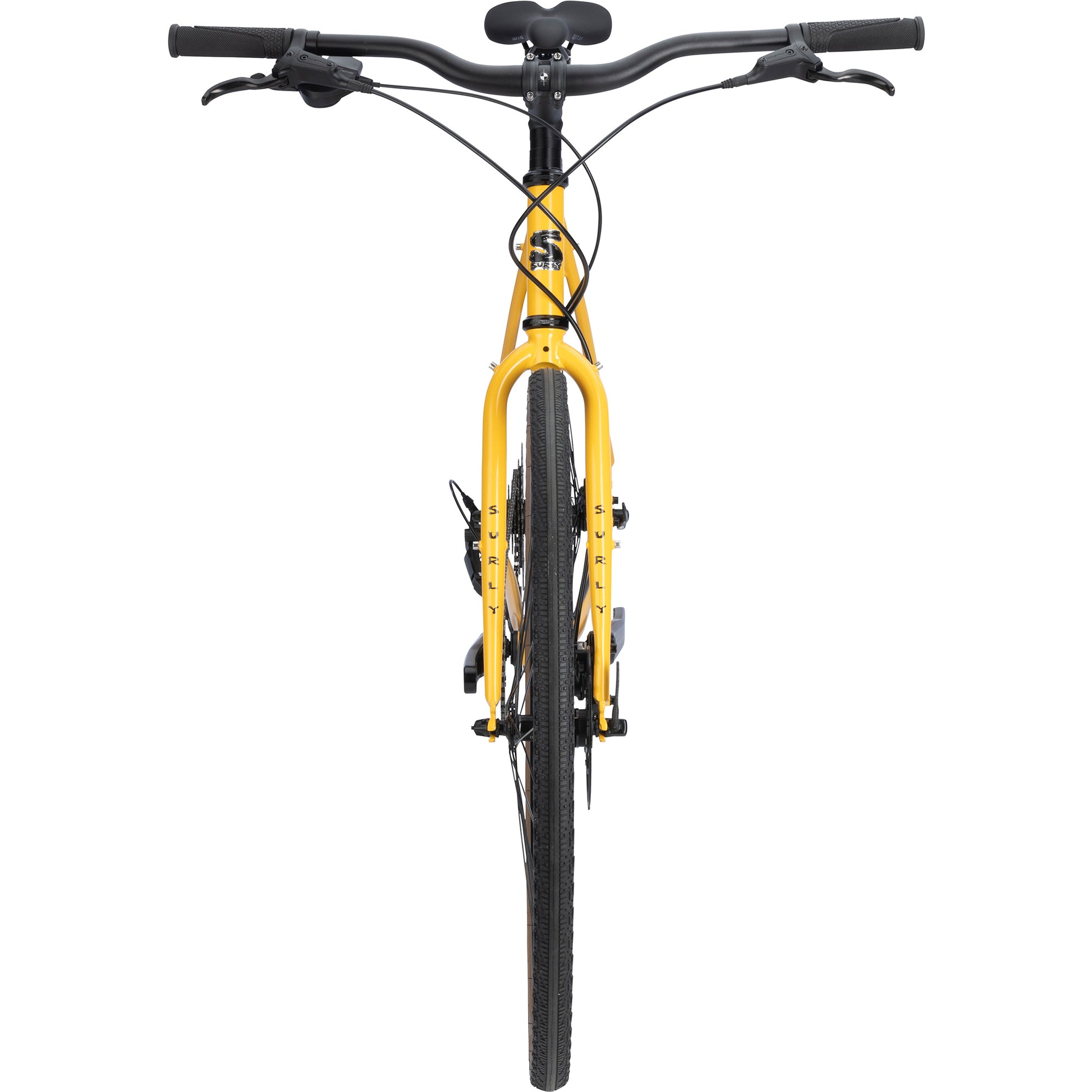 Surly Preamble Flat Bar bike yellow color straight-on front view on white background