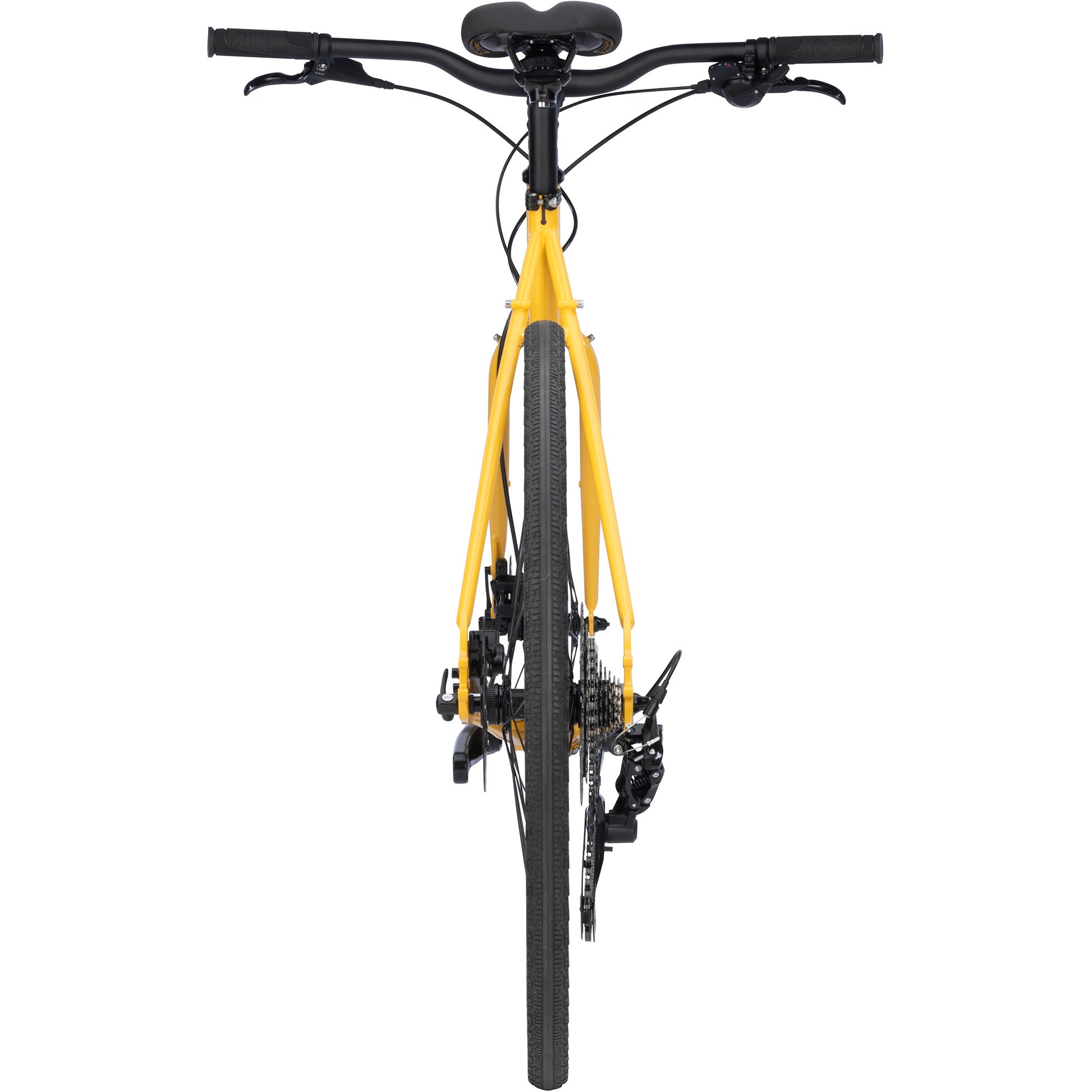 Surly Preamble Flat Bar bike yellow color straight-on rear view on white background