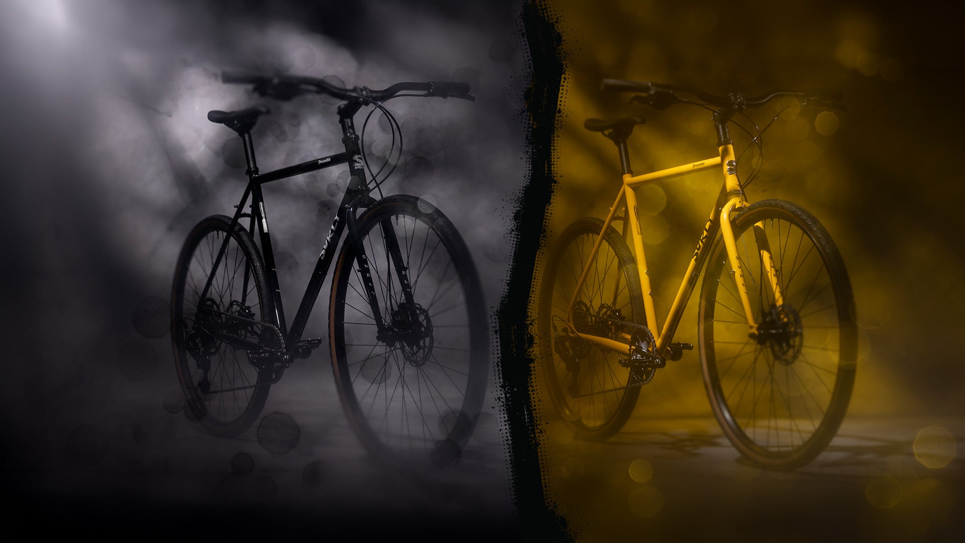 Two bicycles, one black and one yellow, against a dark background with a spotlight effect.