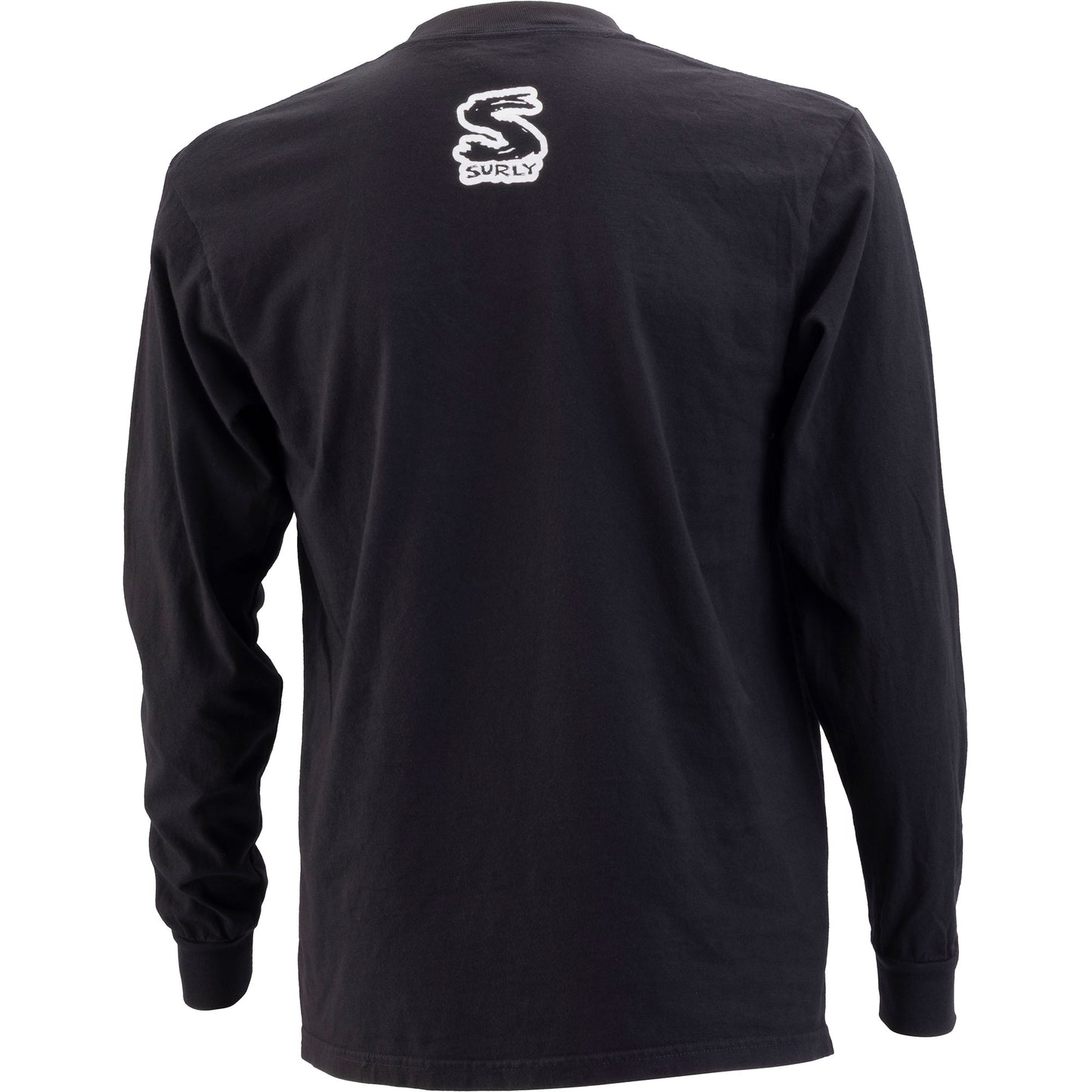 Black long-sleeve shirt with a white logo on the back, on a white background