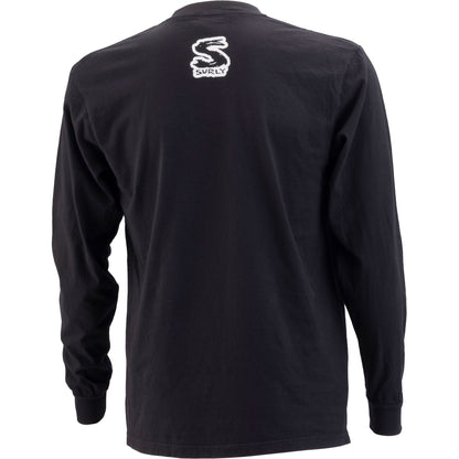 Black long-sleeve shirt with a white logo on the back, on a white background