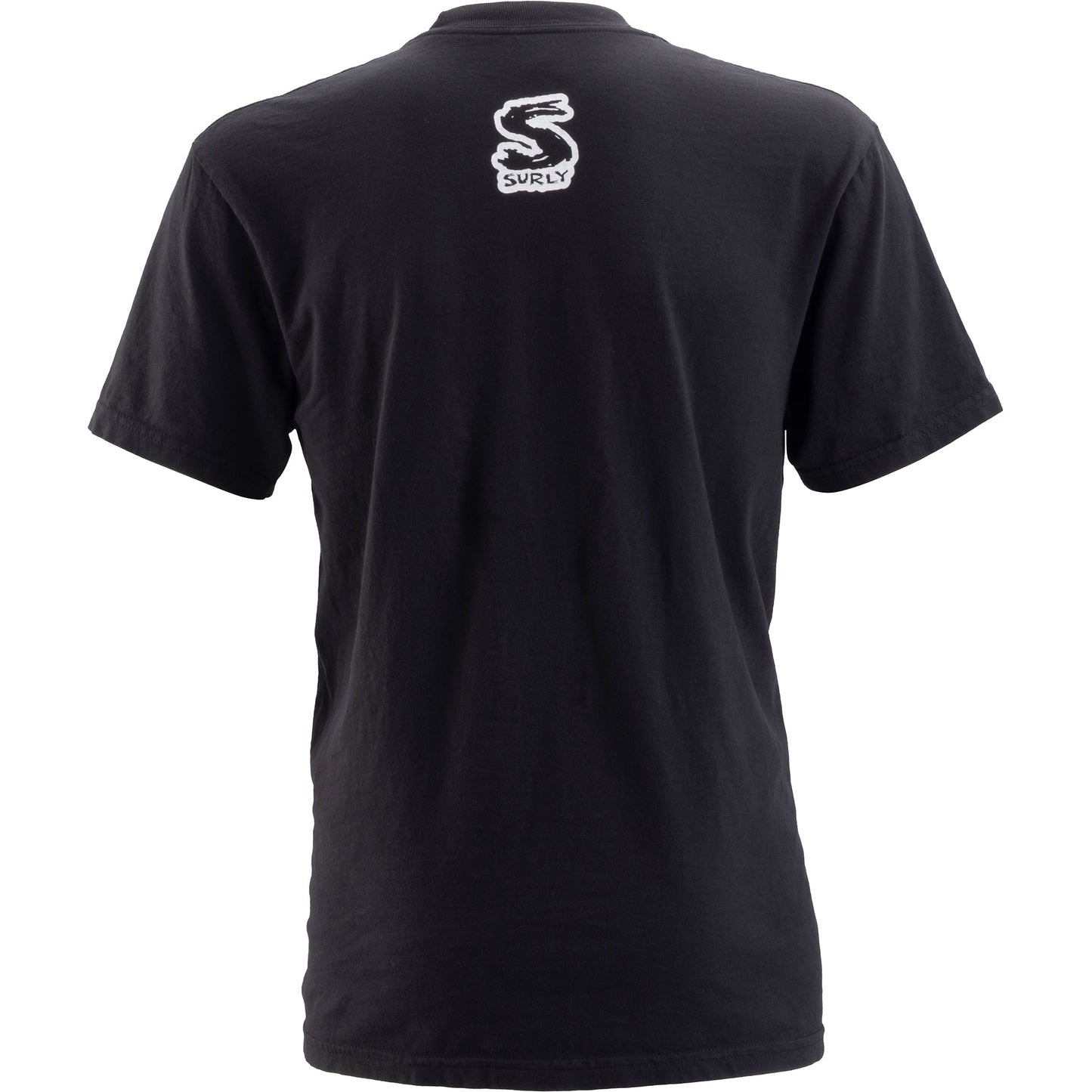 Black t-shirt with a logo on the back against a white background
