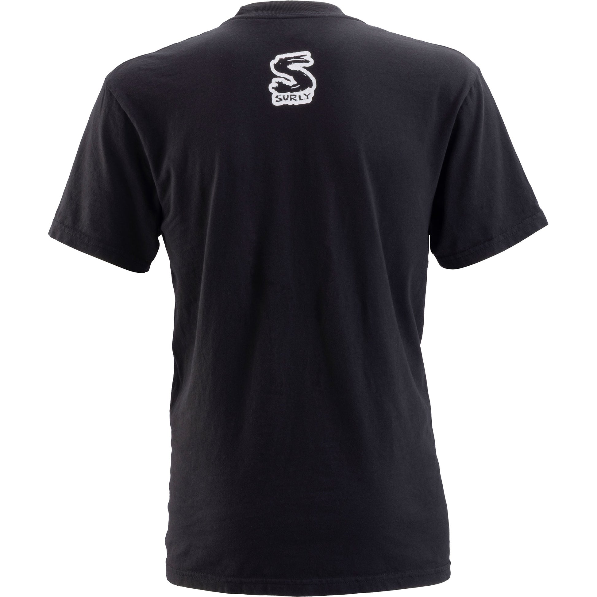 Black t-shirt with a logo on the back against a white background
