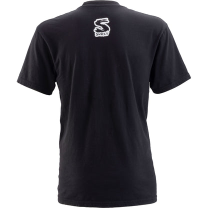 Black t-shirt with a logo on the back against a white background