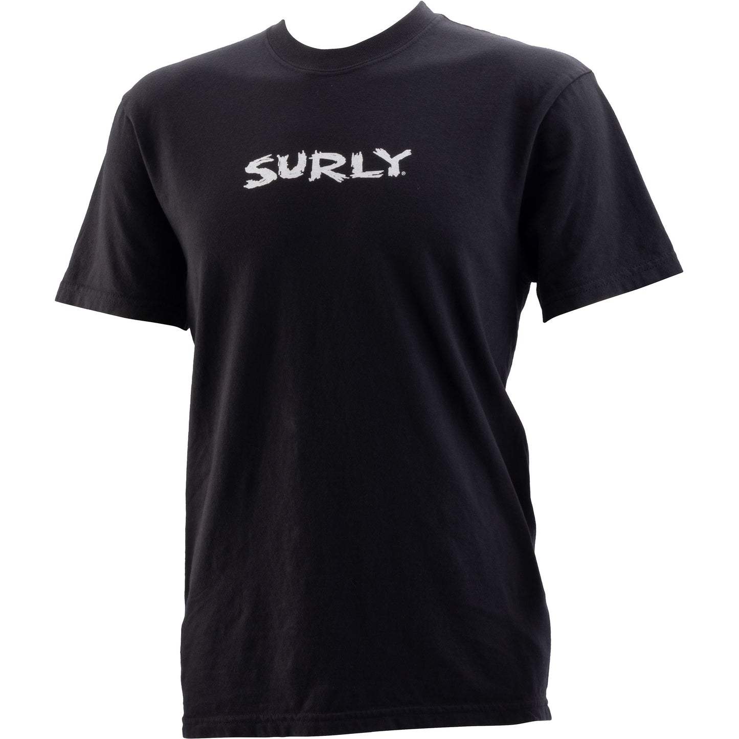 Black t-shirt with 'Surly' logo on a white background