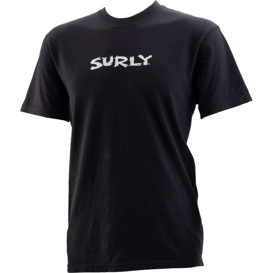 Black t-shirt with 'Surly' logo on a white background