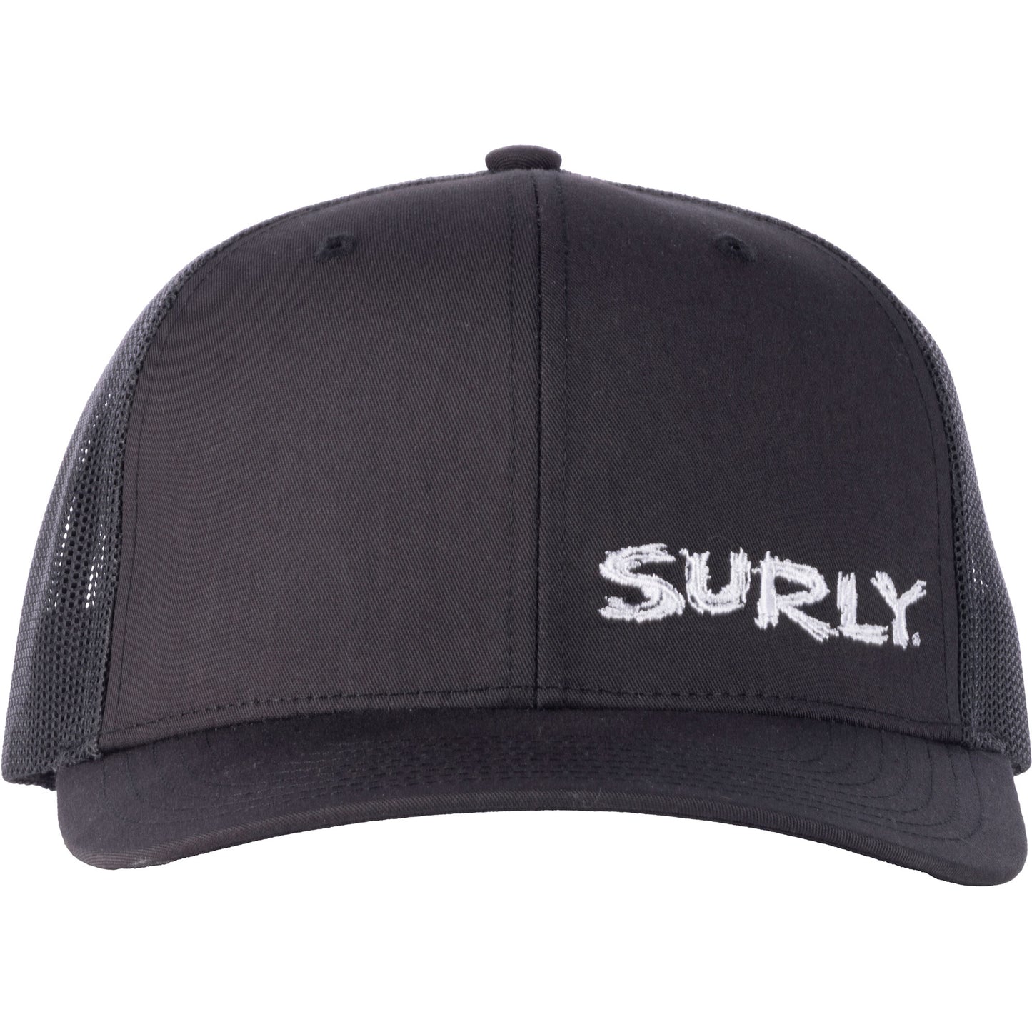 Straight-on view of black cap with 'SURLY' logo on a white background