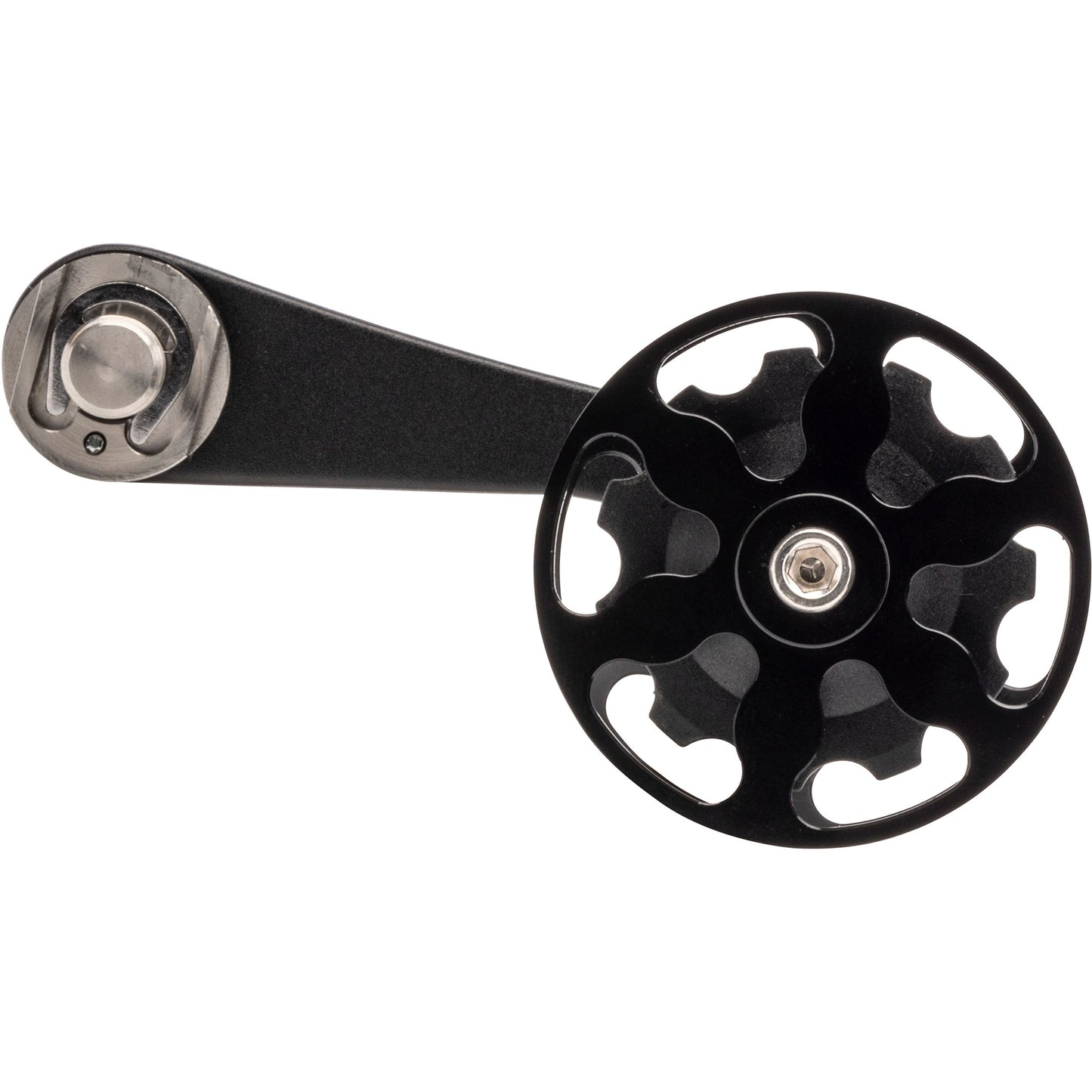 Surly Singleator single speed chain tensioner black color on white background inside view of pulley