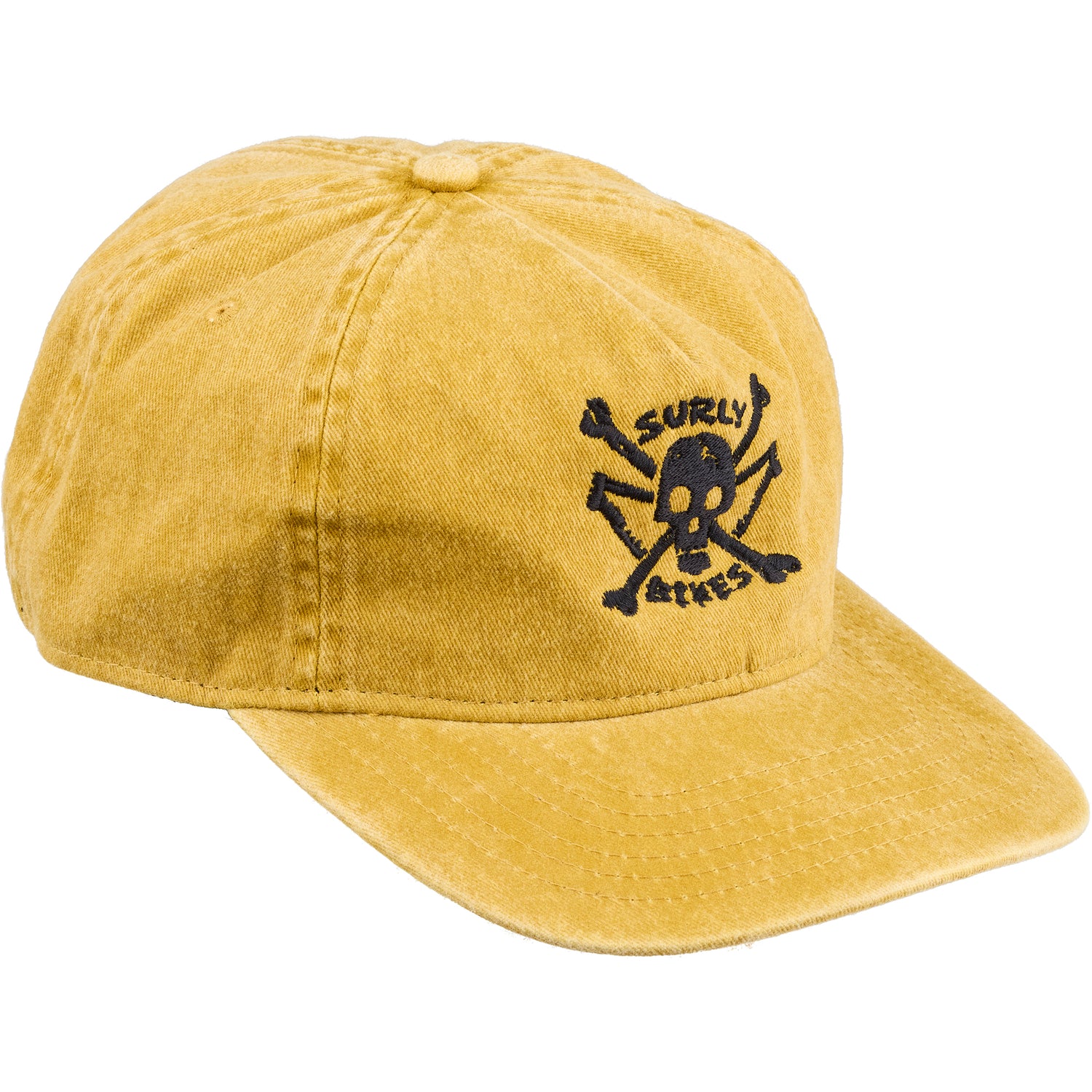 Surly Skullet Strap Back Hat mustard color front with Surly logo, skull and cross-bones, and frames