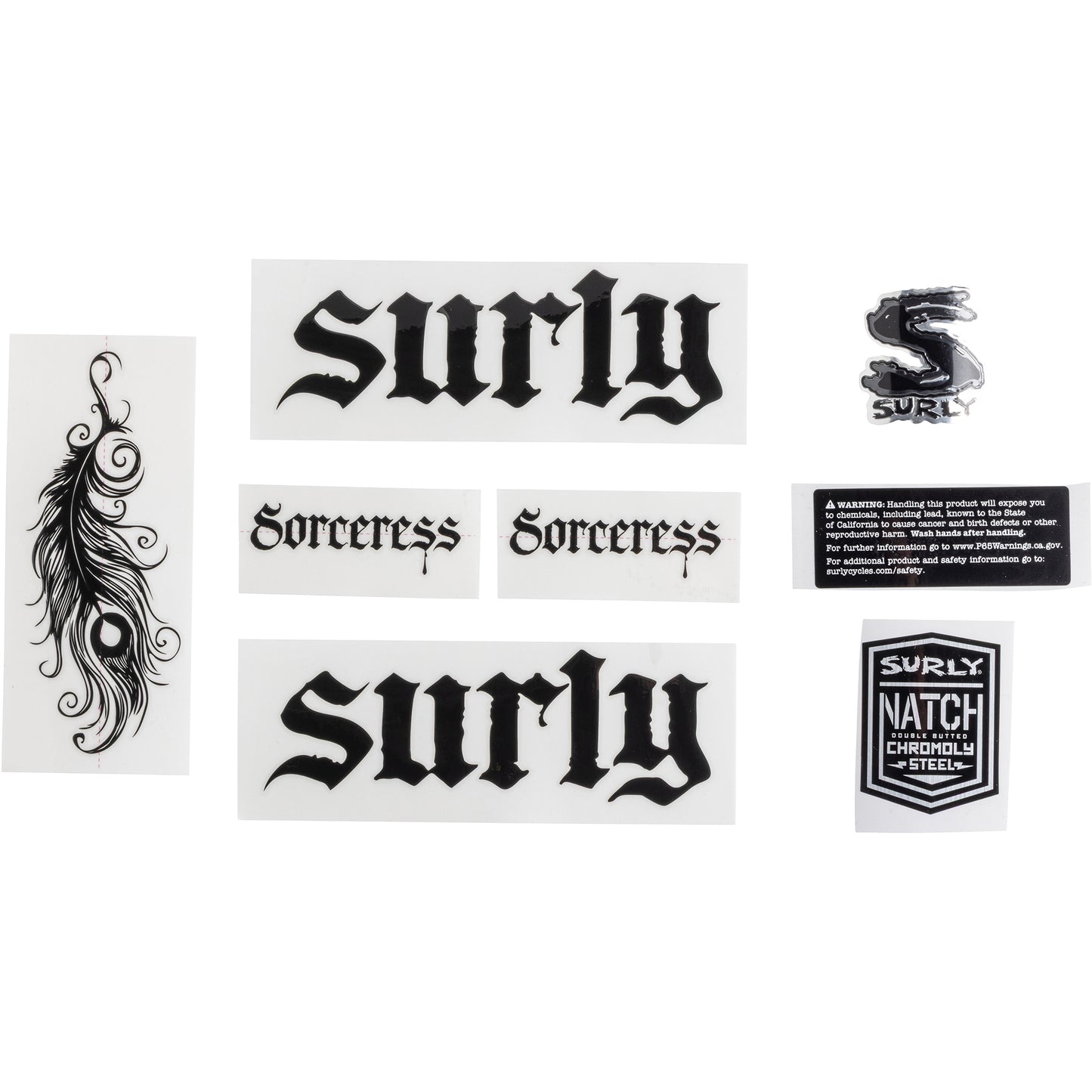 Collection of 'surlly' and 'Sorceress' brand black decals on a white background