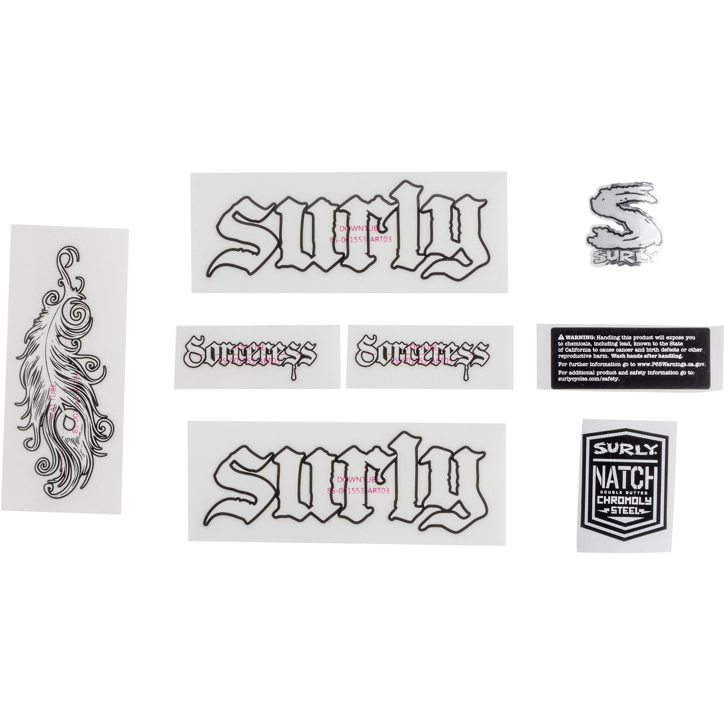 Collection of 'Surry' and 'Sorceress' branded white decals on a white background